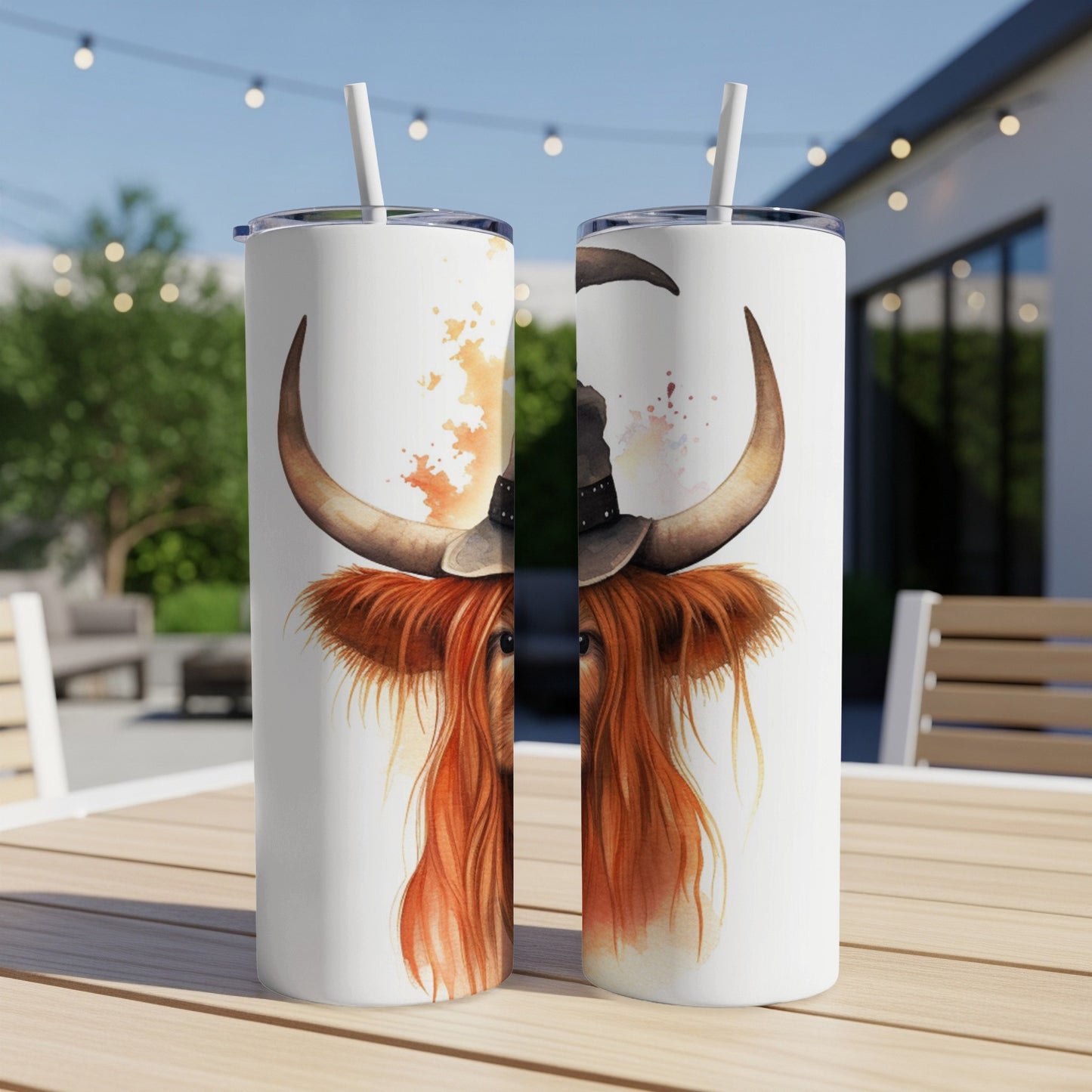 Watercolor Highland cow wearing a witch hat, two tumblers side by side.