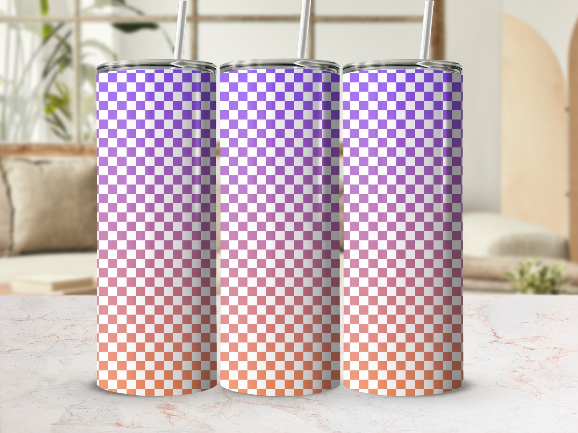 Three tumblers with a purple to orange gradient checkered pattern.