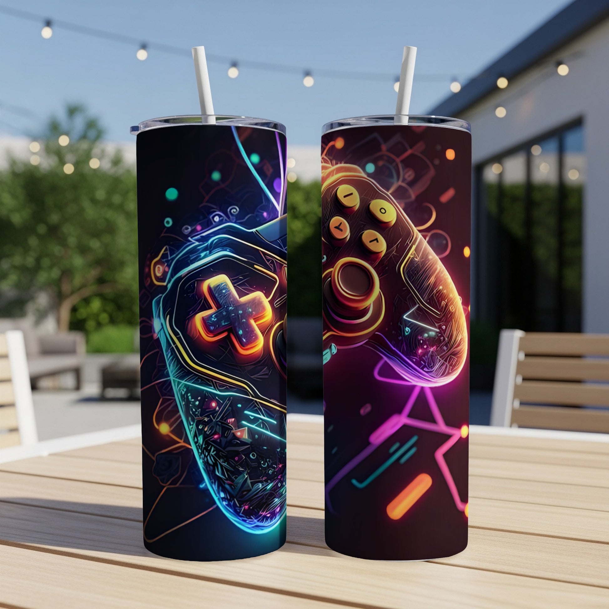 Two tumblers with neon gaming controller graphics on an outdoor table.