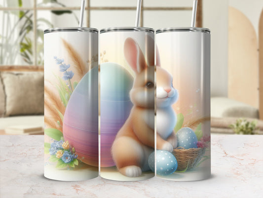Easter bunny with colorful eggs and a straw on a marbled surface.
