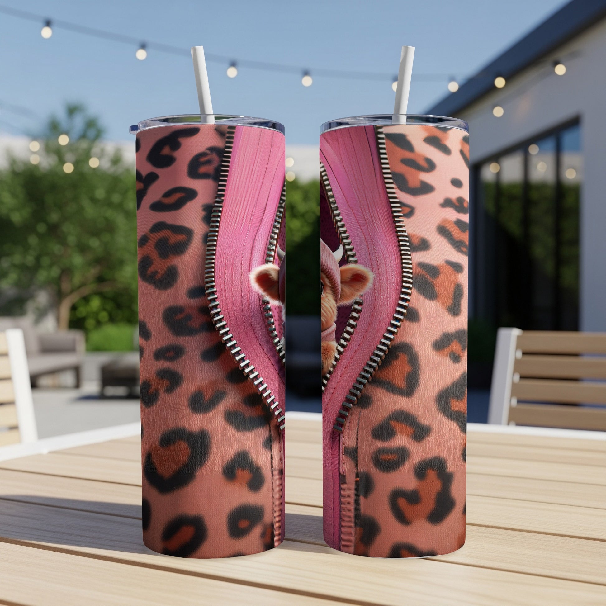 Two tumblers with leopard print and a pink zipper revealing a cow face.