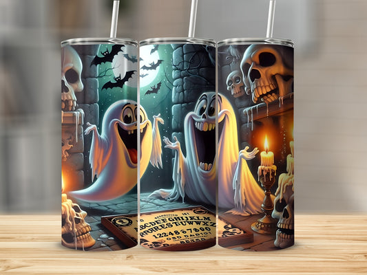 Halloween tumbler with ghosts, bats, skulls, and a Ouija board design.