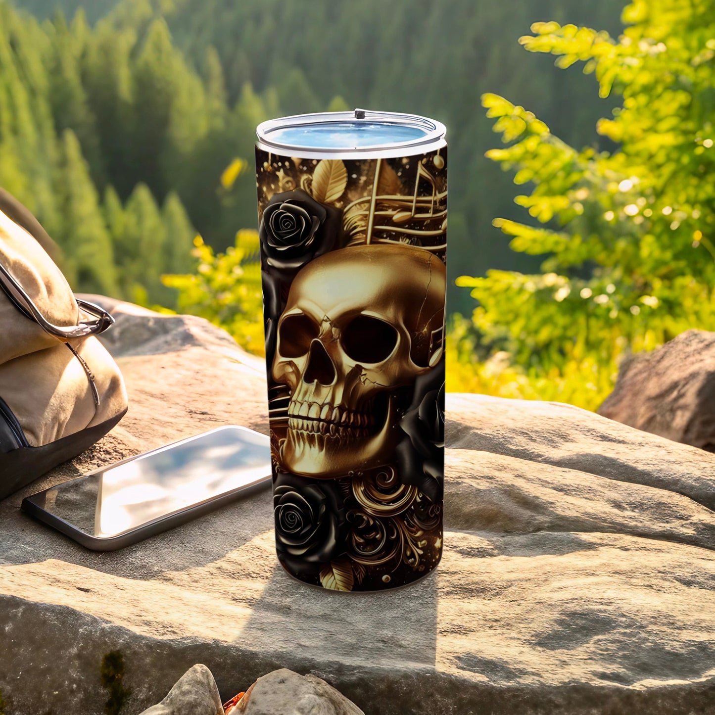 Golden skull with black roses and musical notes on a black tumbler.