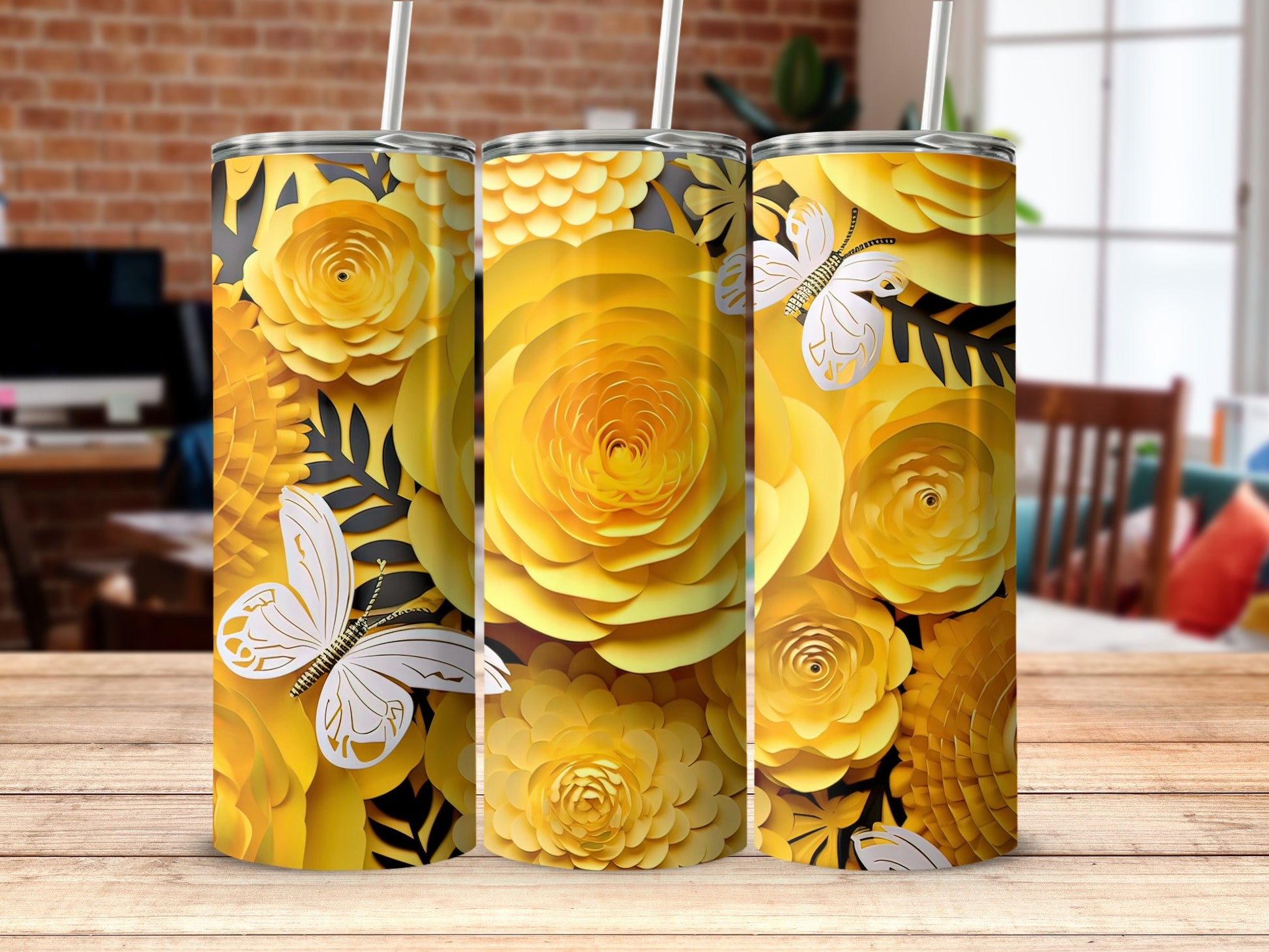 Yellow Floral Butterfly Design Tumbler for Drinks
