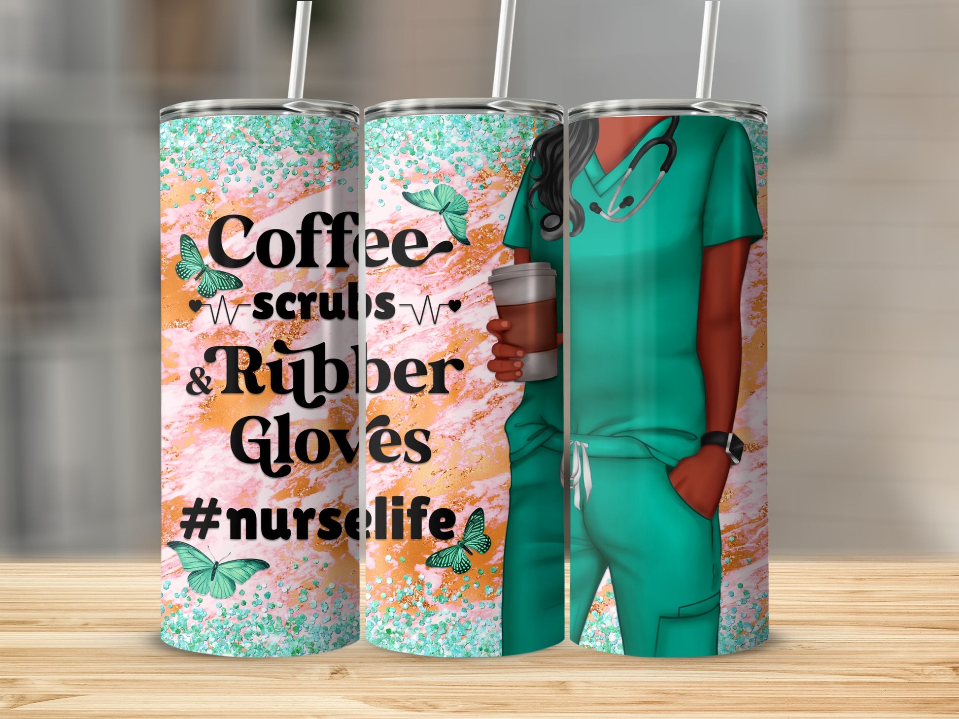 Nurse tumbler with coffee, butterflies, and "nurselife" text.