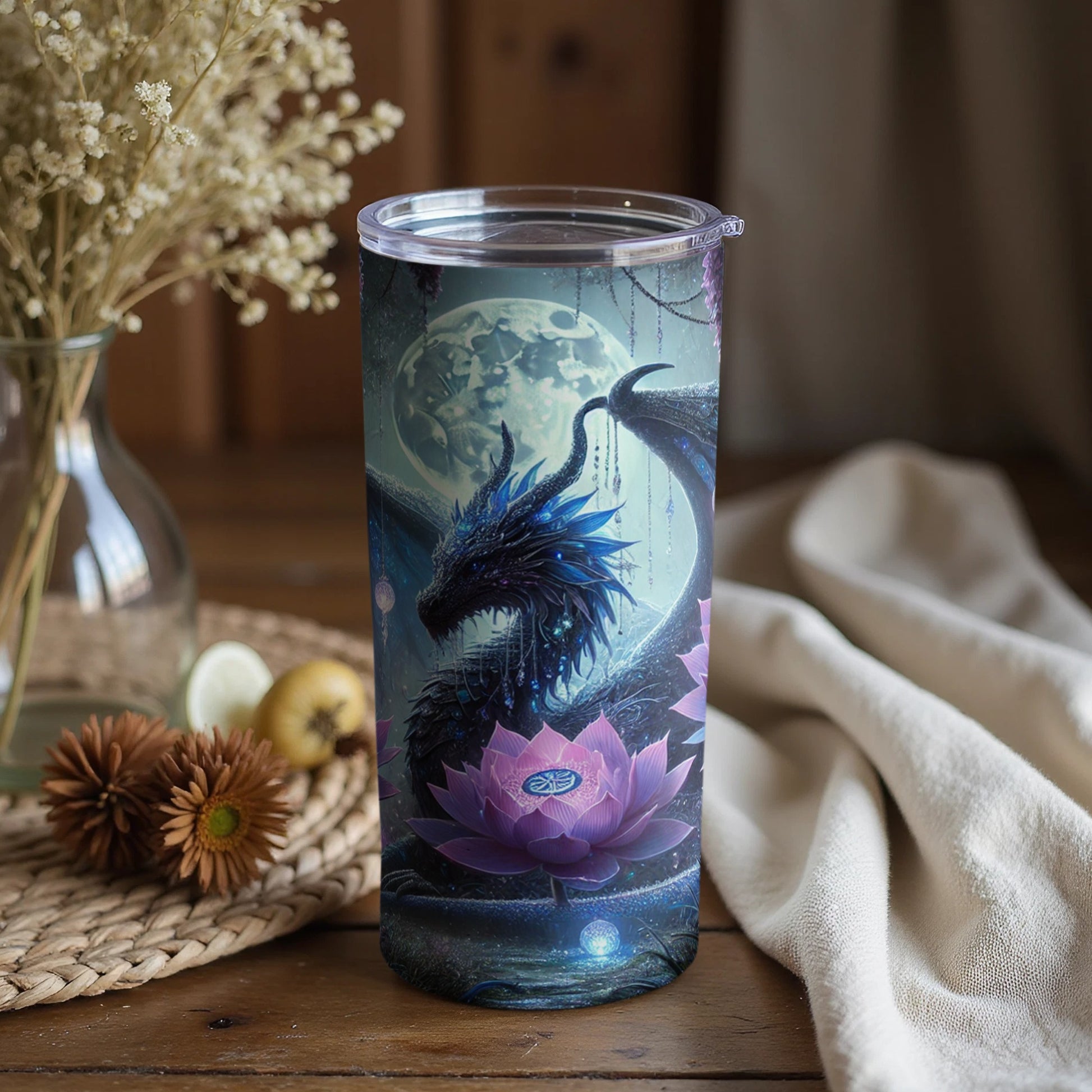 Majestic Dragon and Lotus Flower Design Travel Tumbler
