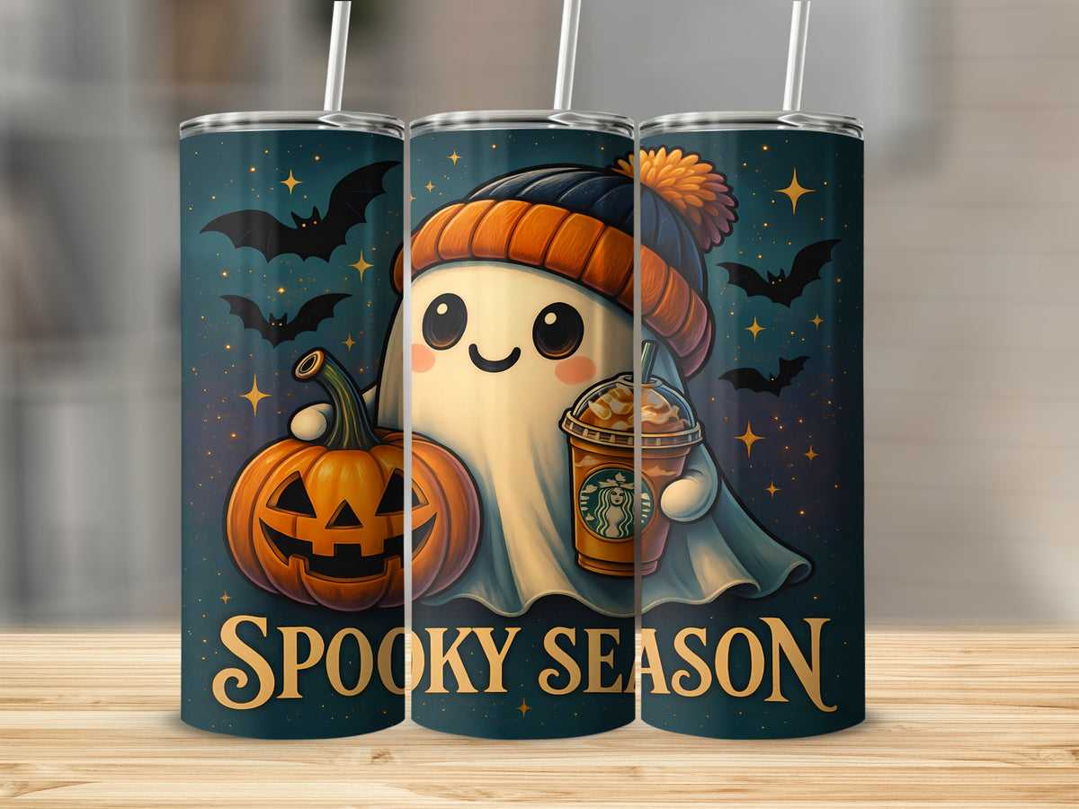 Ghost in a beanie holding a pumpkin and coffee cup with "Spooky Season" text.