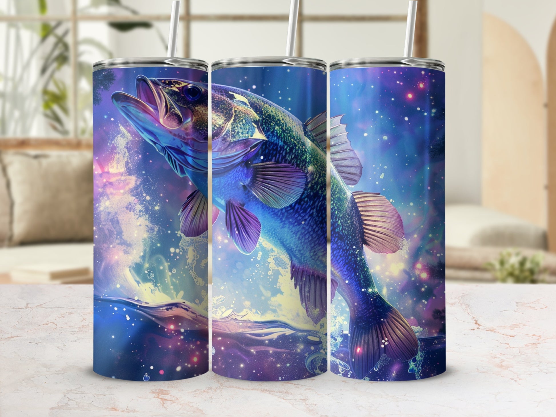 Three tumblers featuring a jumping bass fish against a starry, cosmic background.