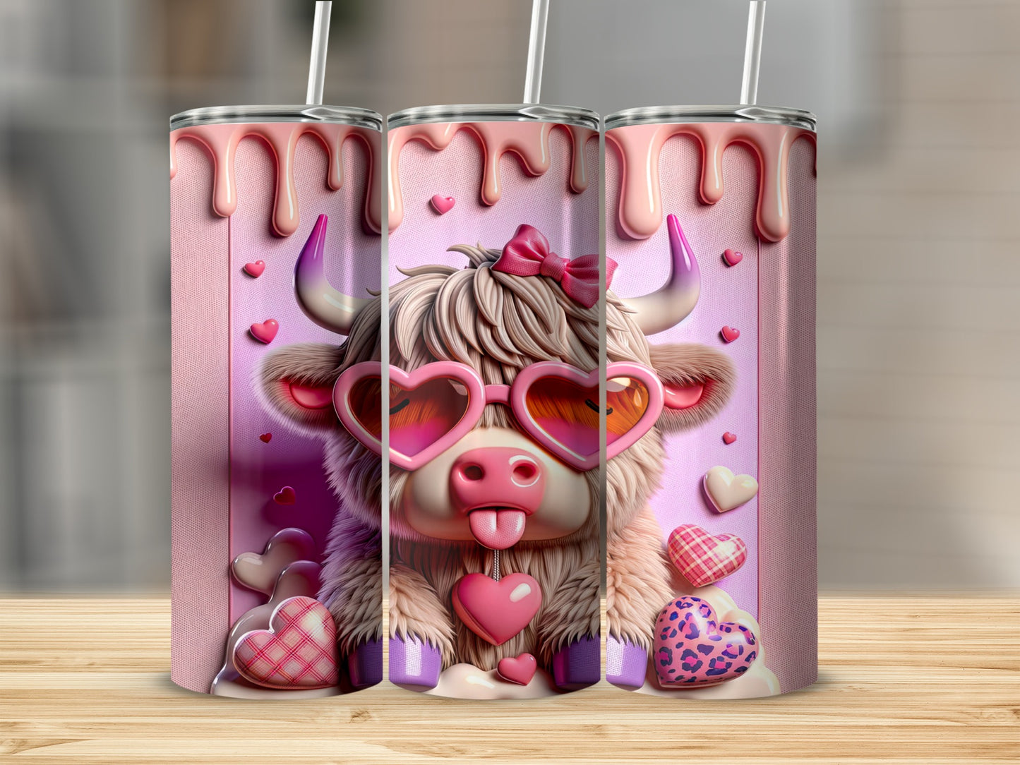 Pink Highland cow with heart sunglasses and bow, sticking out tongue.