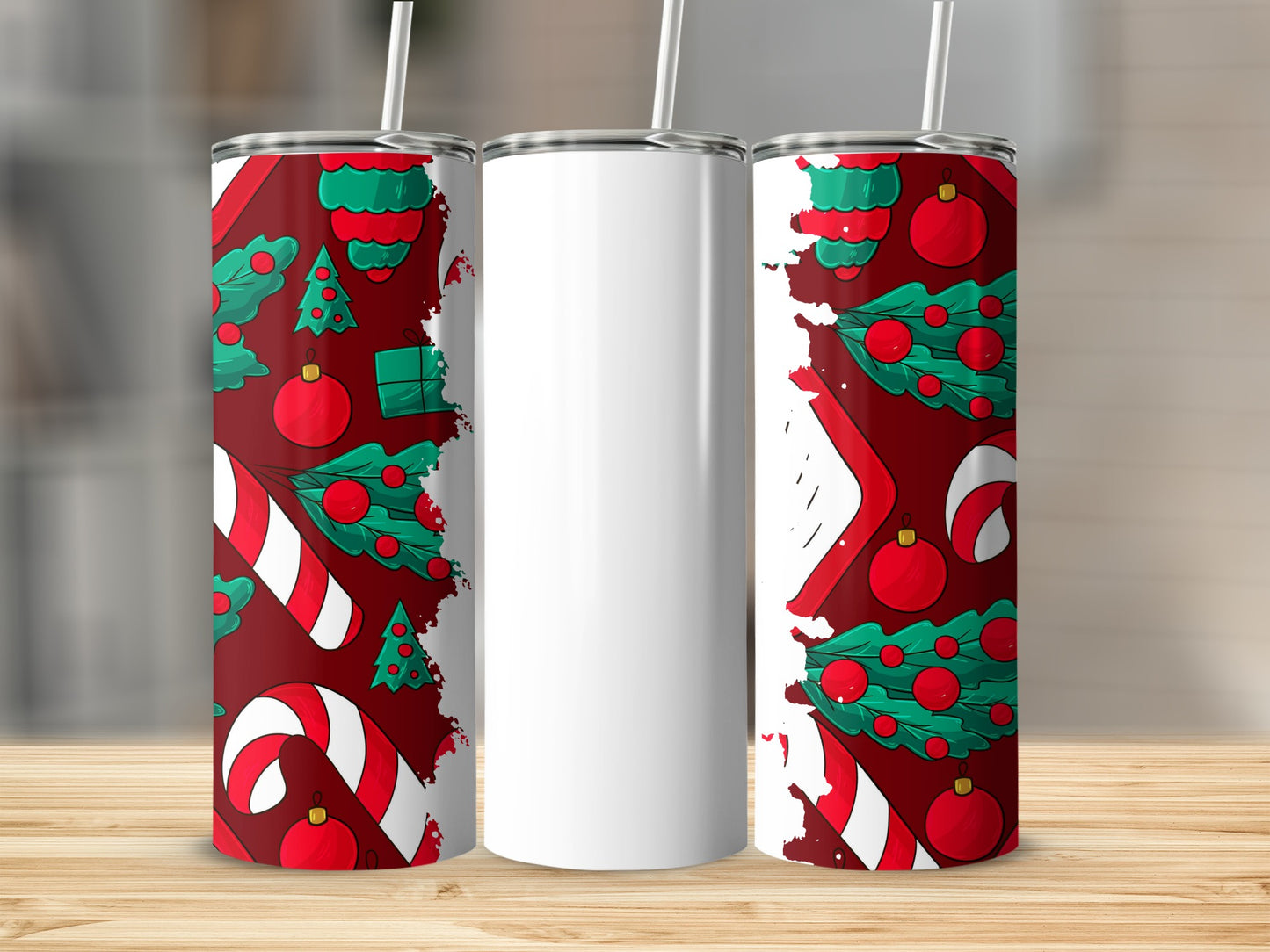 Festive Christmas Design Tumbler with Straw Holiday Mug