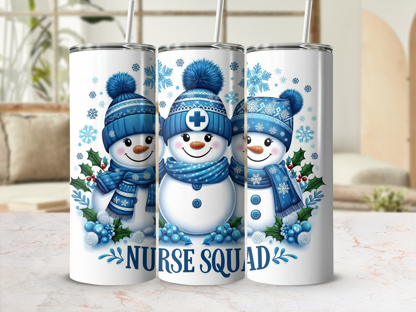 Three tumblers with smiling snowmen wearing blue scarves and hats, featuring "Nurse Squad" text.