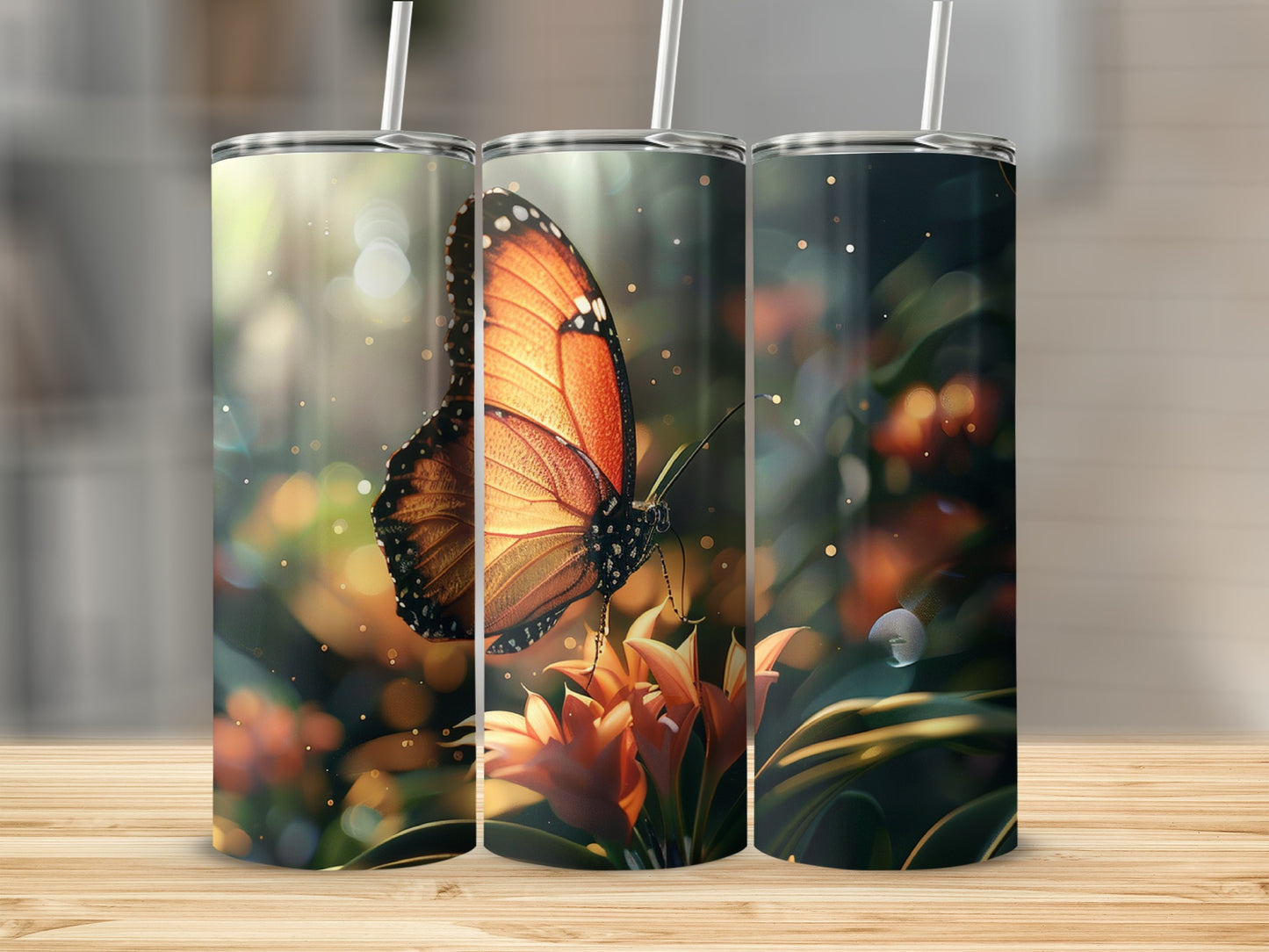 Three tumblers with an orange butterfly on a flower.