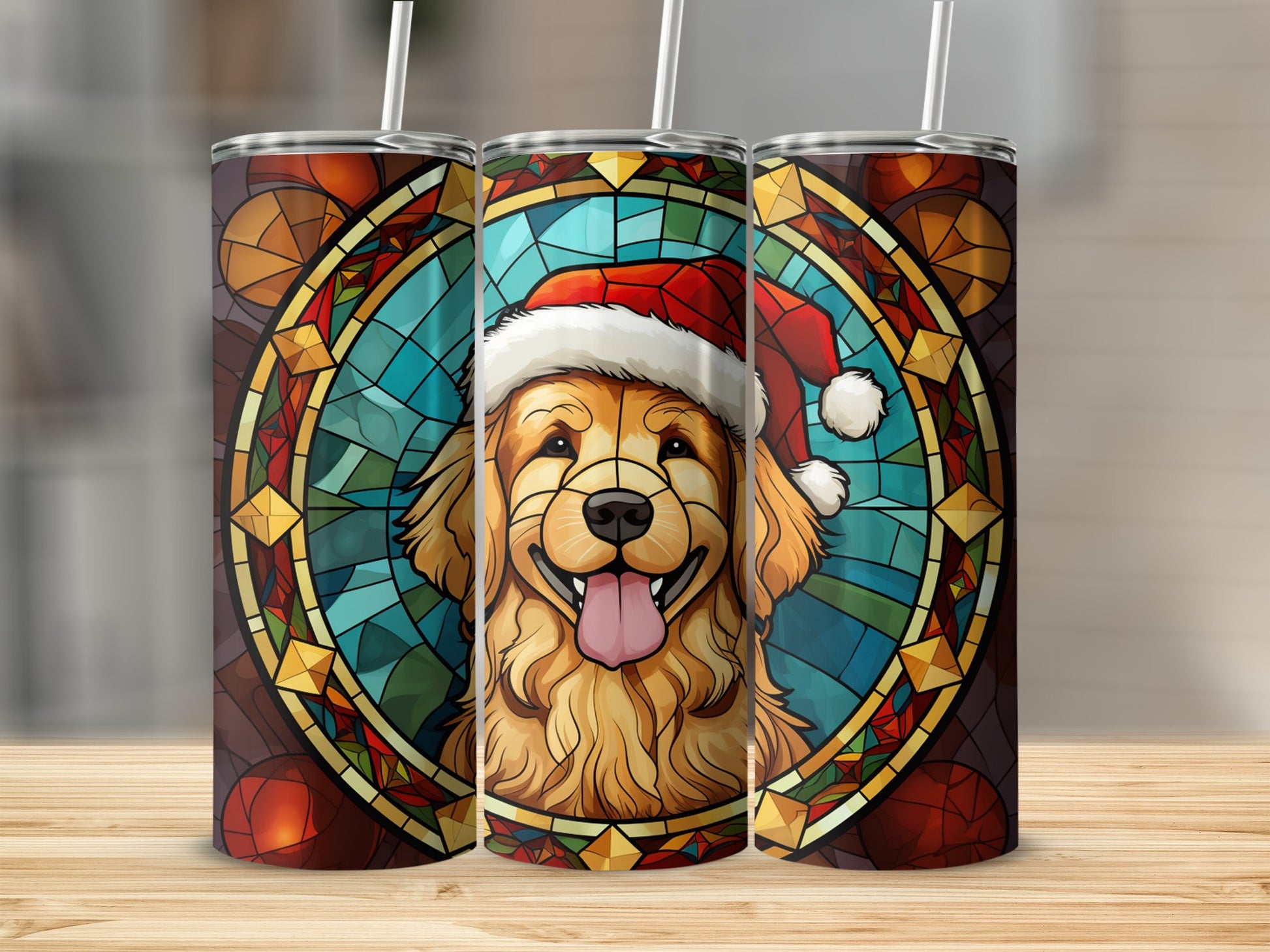 Golden Retriever wearing Santa hat, stained glass design, presented on a tumbler.