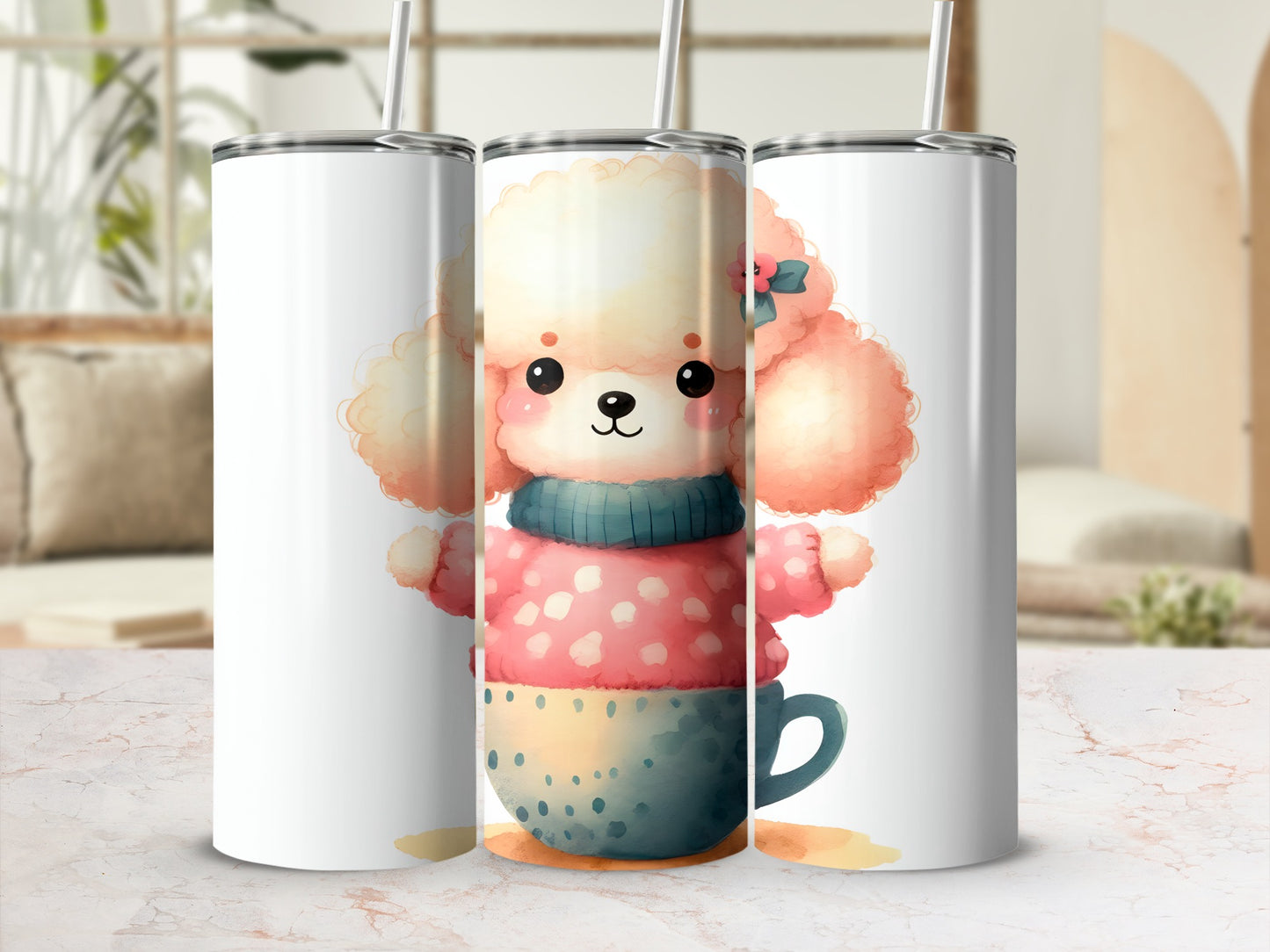 Three white tumblers with a fluffy pink poodle in a teacup illustration.