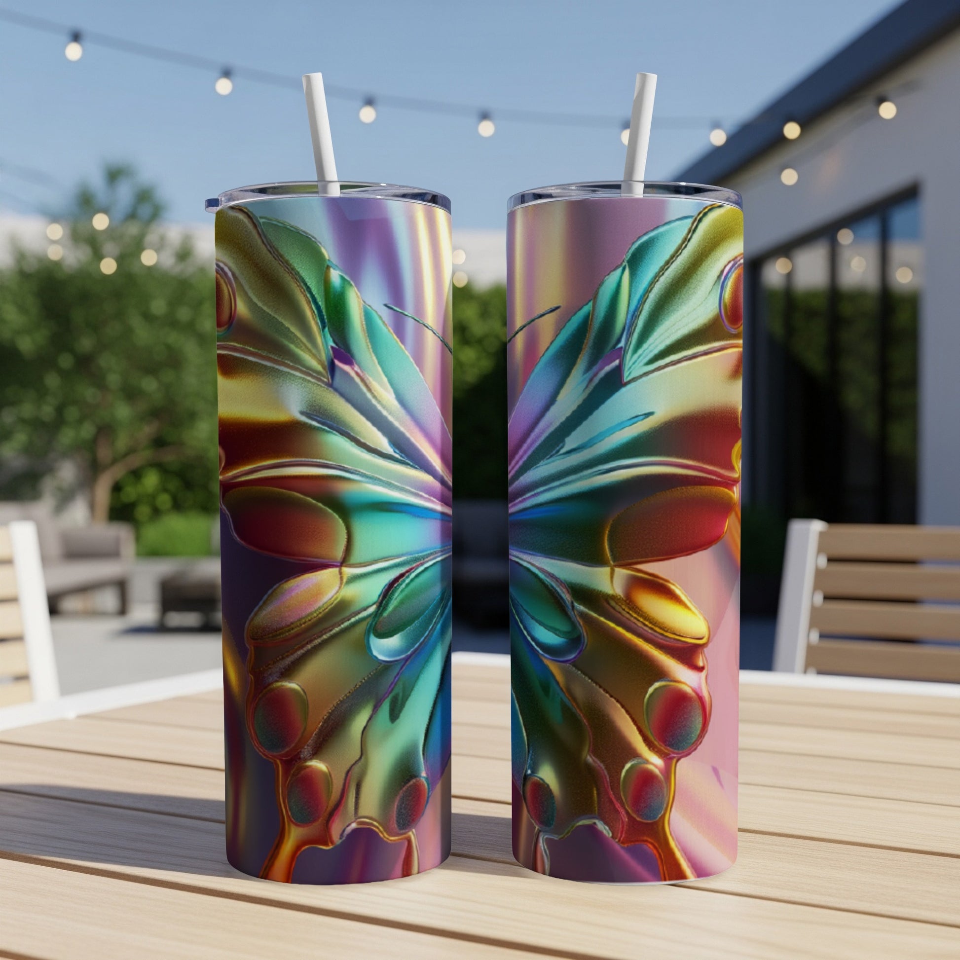 Two iridescent butterfly tumblers with straws on a wooden table.
