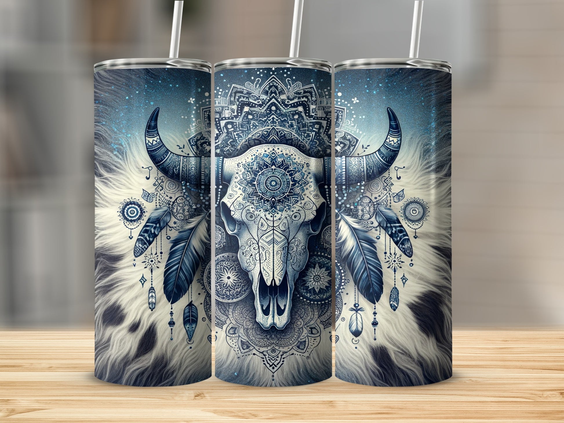 Tumbling buffalo skull with mandala and feather design on a tumbler.