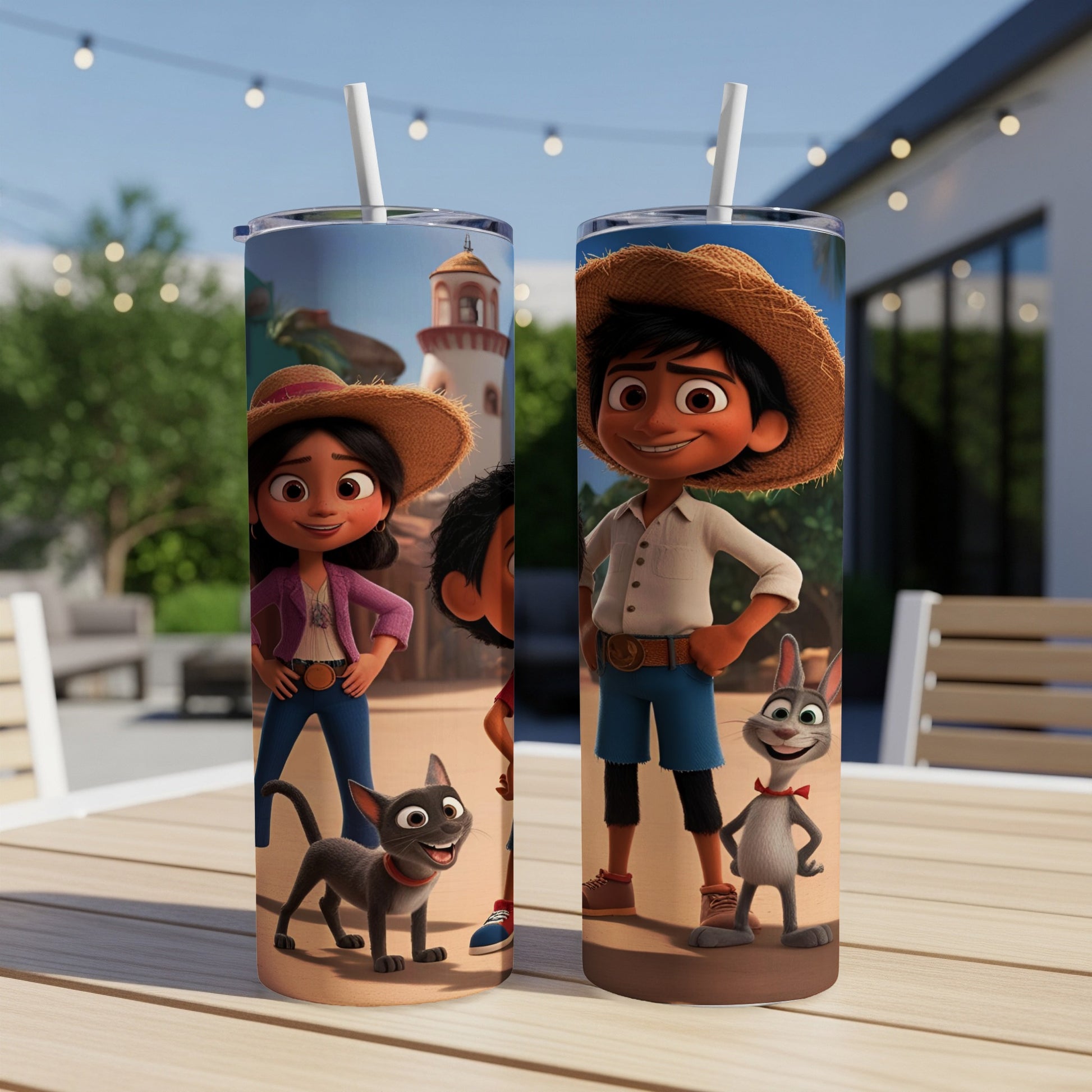 Two animated characters, a girl and a boy, with a cat and a rabbit.