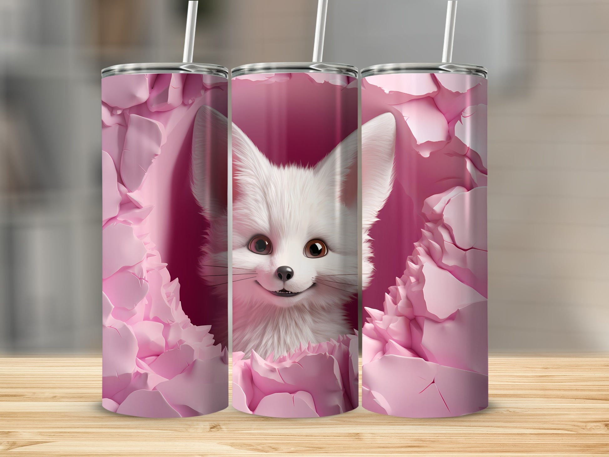 Cute White Fox Pink Background Tumbler Cup