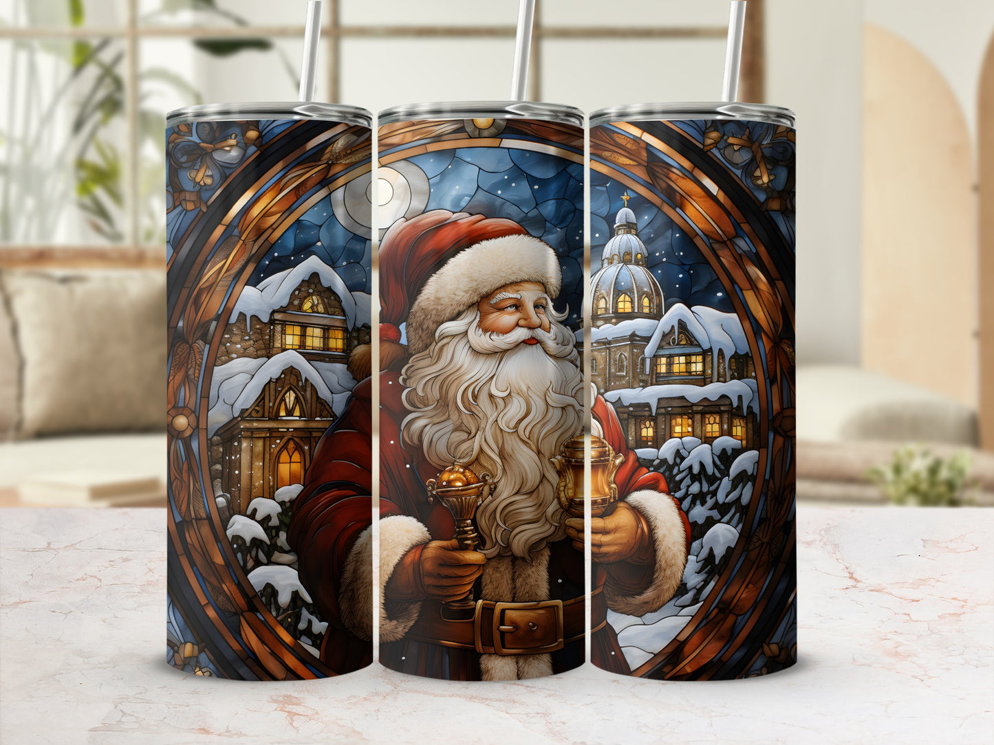 Santa Claus holding lanterns in a snowy village, digital art.