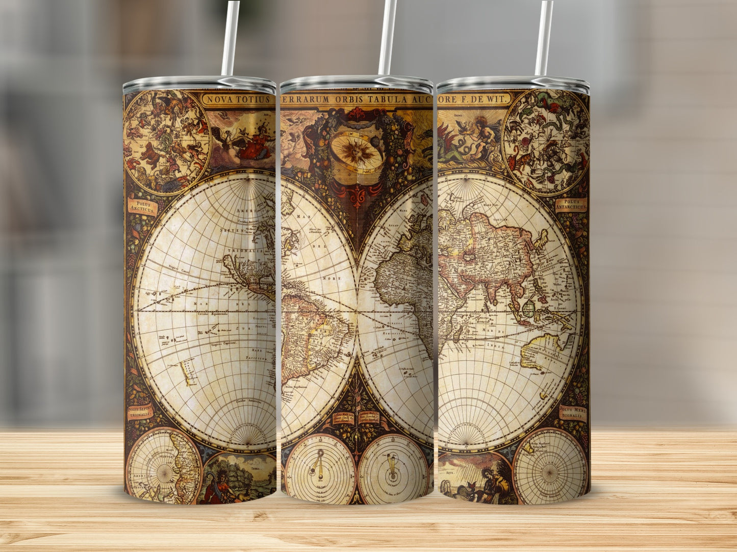 Tumbler featuring historic world map with constellations and celestial instruments.