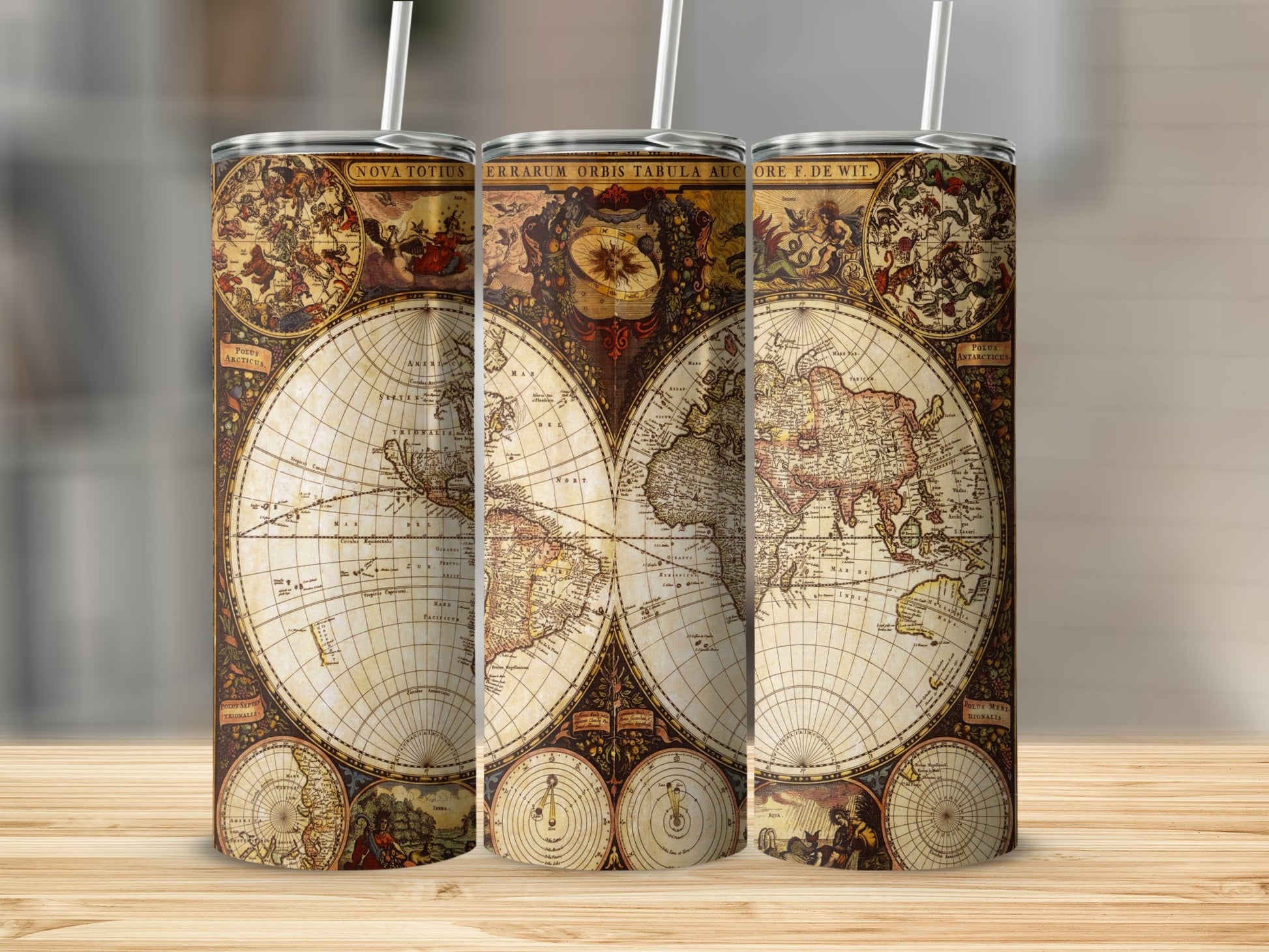 Tumbler featuring historic world map with constellations and celestial instruments.