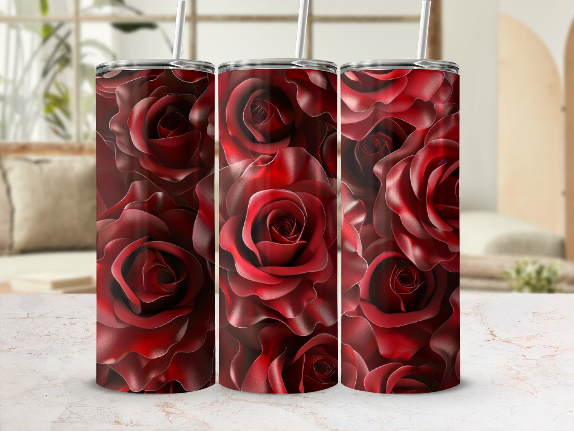 Three tumblers with a deep red rose floral pattern.