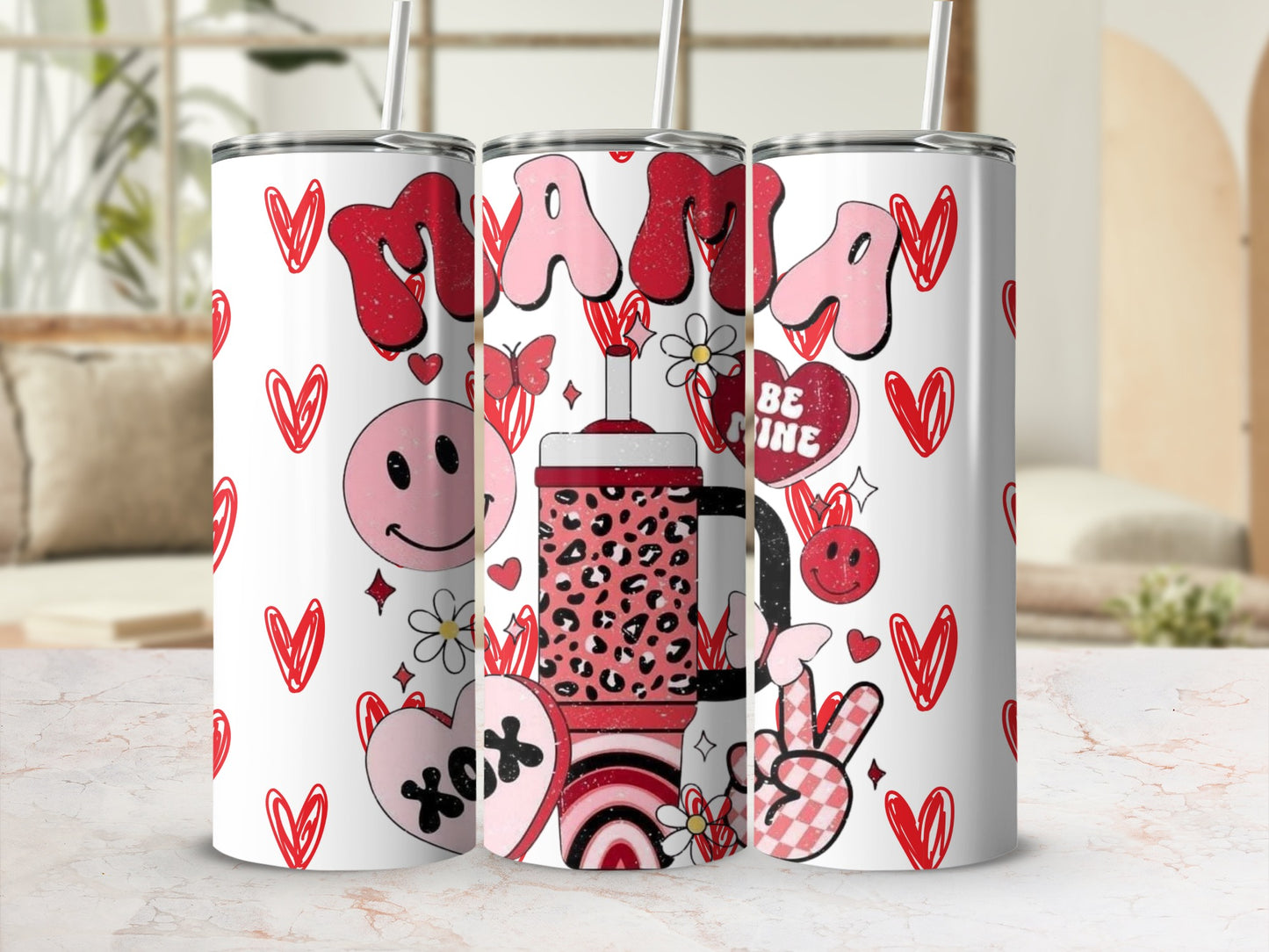 Cute Mama Hearts and Smiley Tumbler with Straw