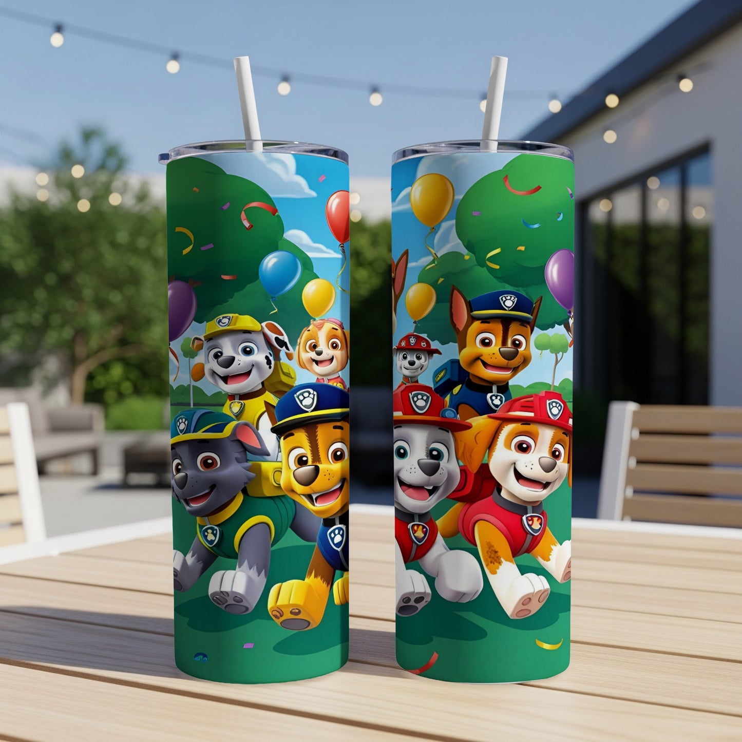 Paw Patrol characters Chase, Marshall, Rubble, and Skye on a green background with balloons and confetti.
