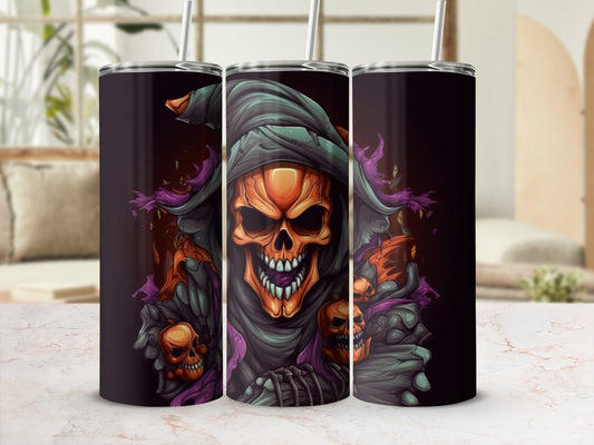 Three tumblers with a Grim Reaper skull and pumpkin Halloween design.