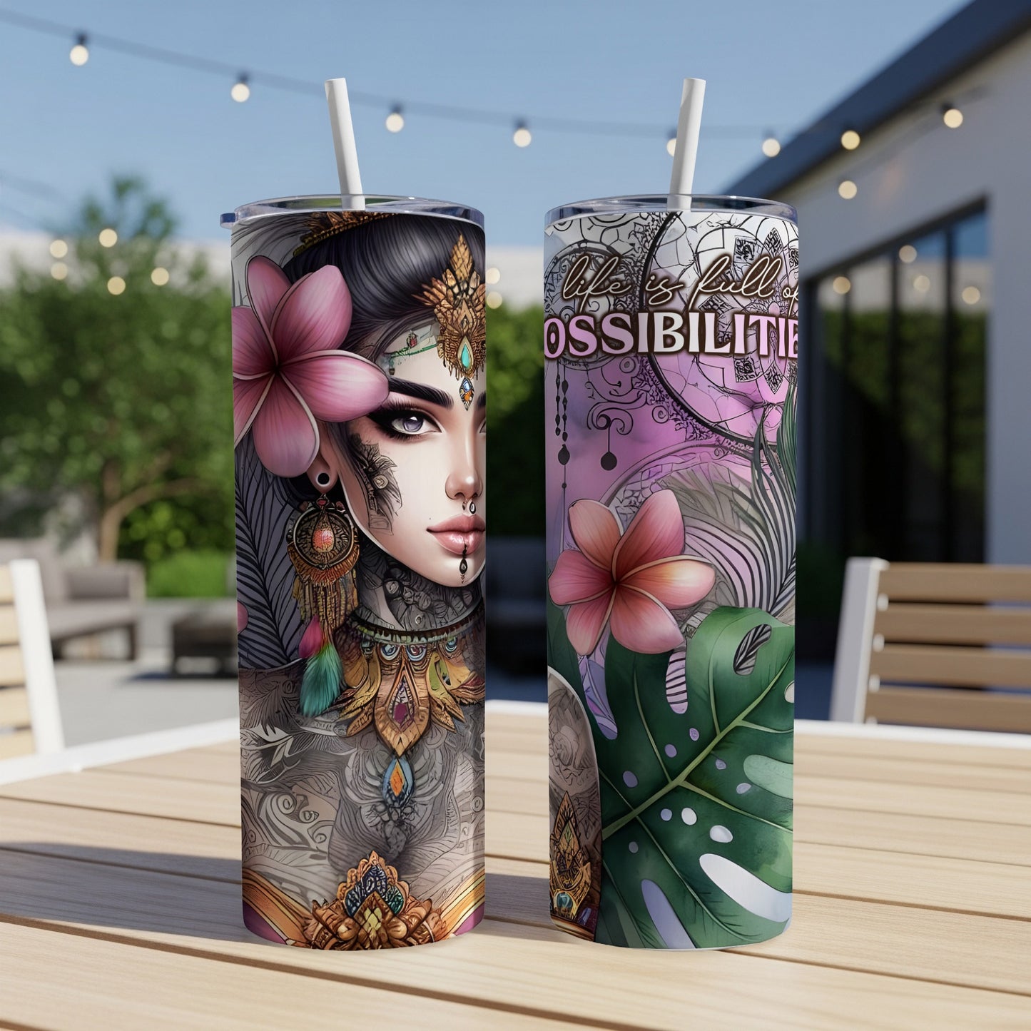 Two detailed tumblers with tribal-inspired art and floral accents.