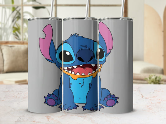 Disney's Stitch smiling with mouth open on three cylindrical tumblers.