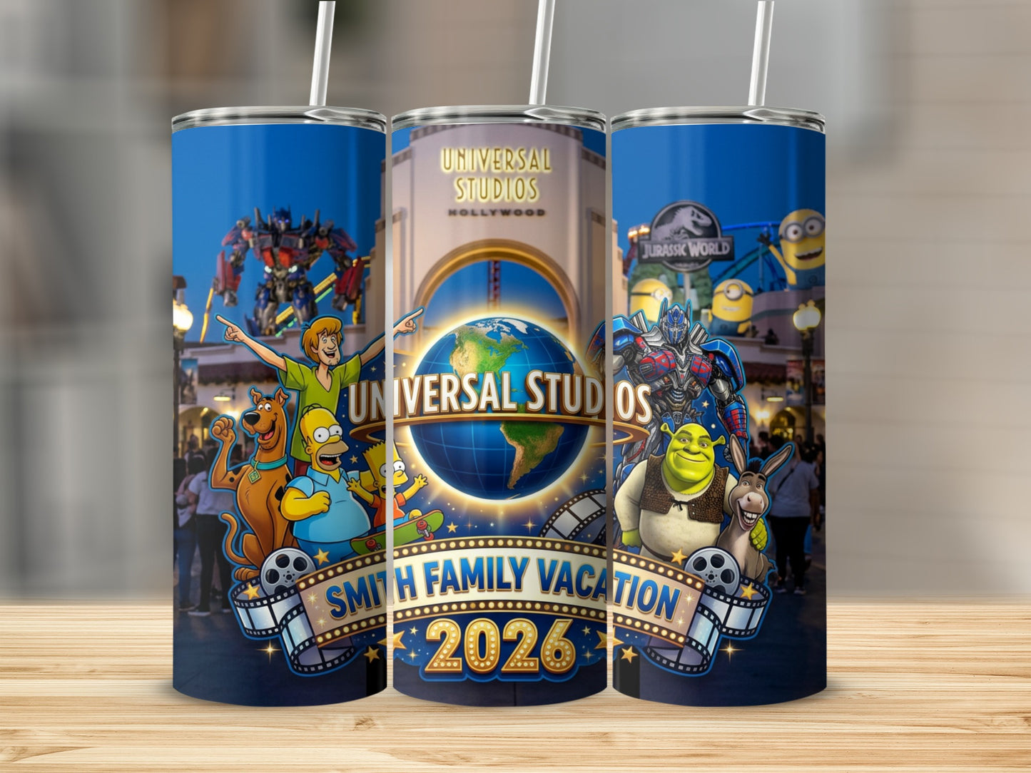 Universal Studios tumbler featuring Shrek, Simpsons, Transformers, and Minions with "Smith Family Vacation 2026".
