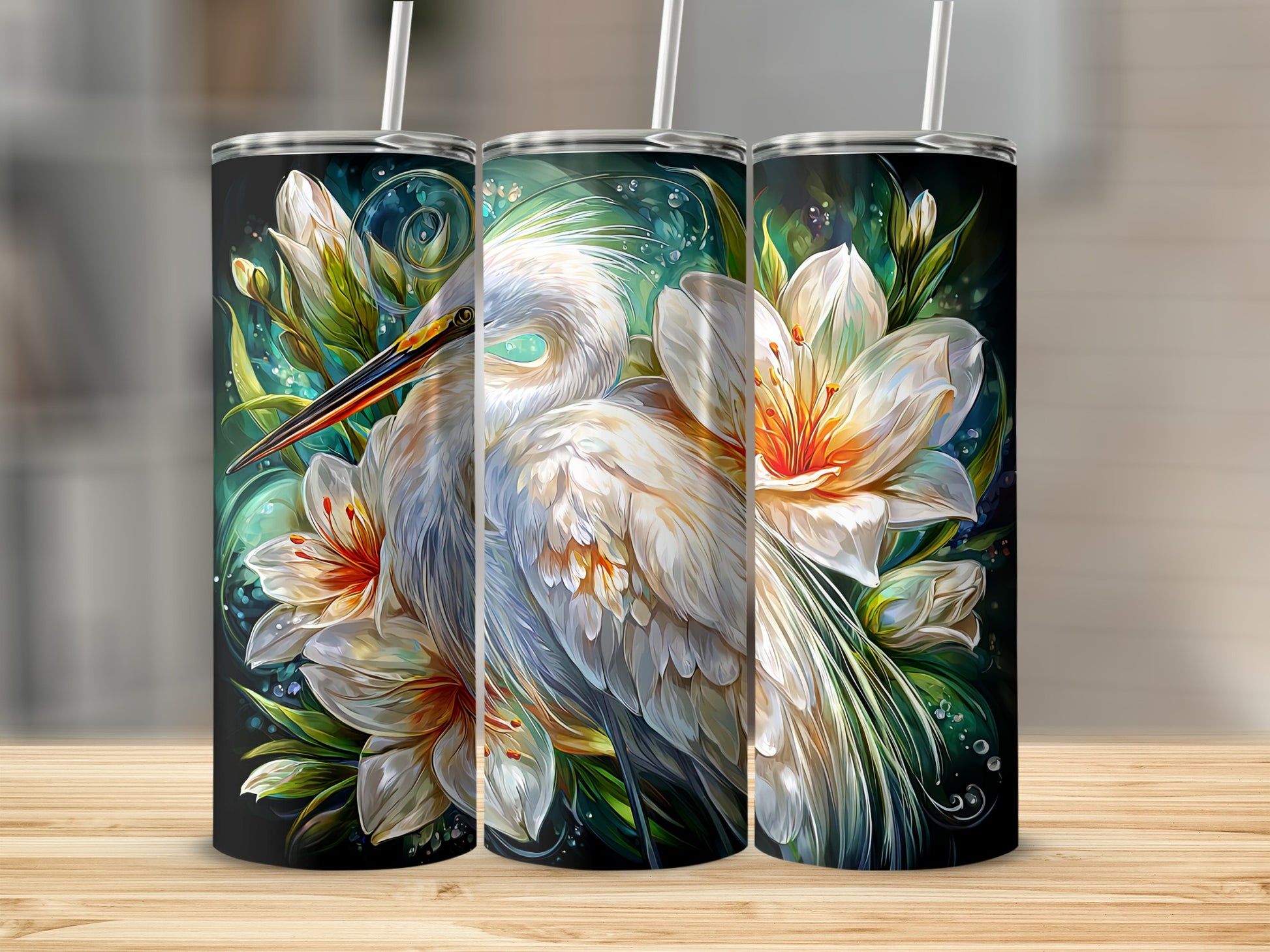 Beautiful White Heron with Flowers Tumbler
