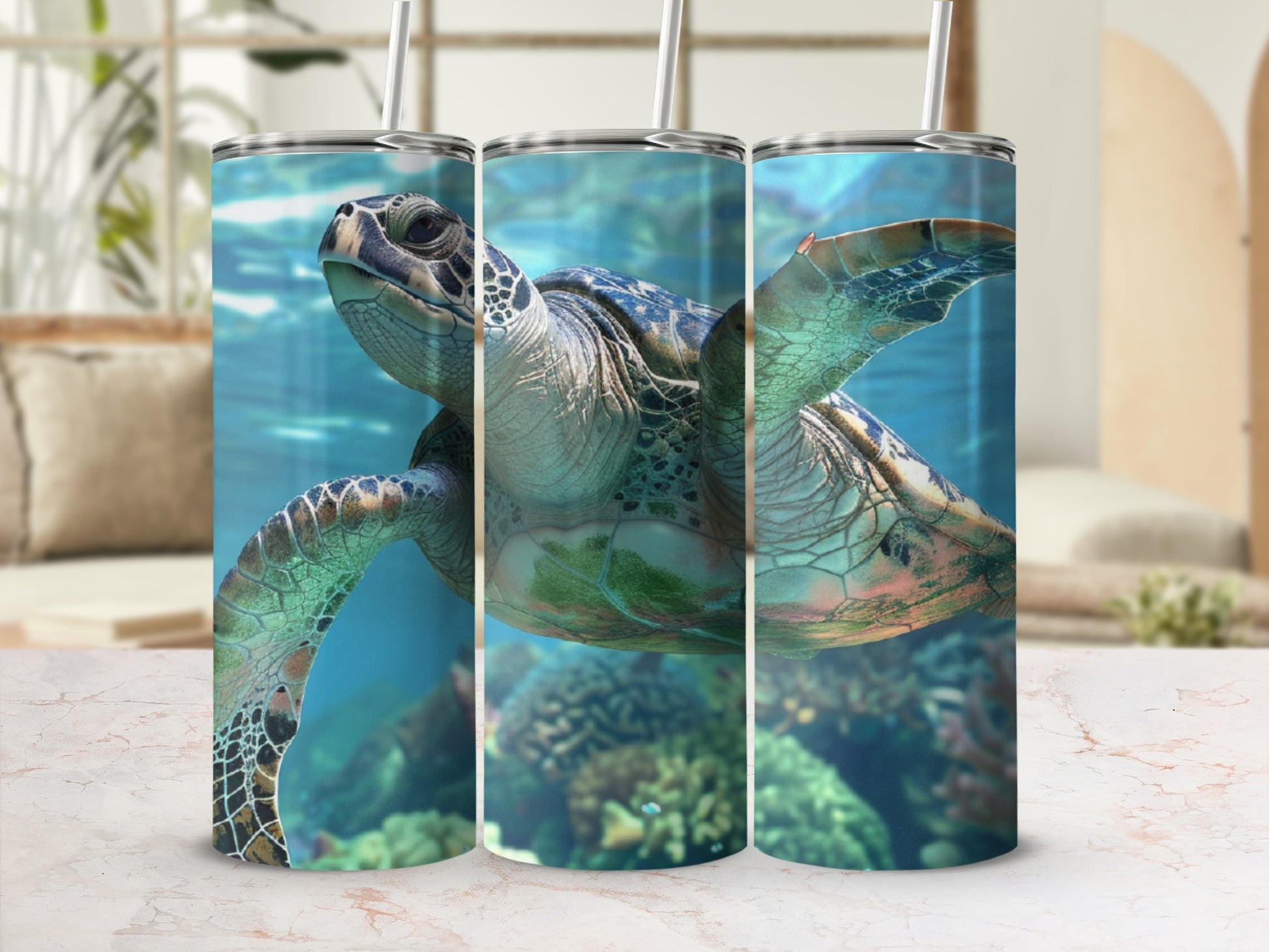 Sea turtle swimming underwater with coral reef.