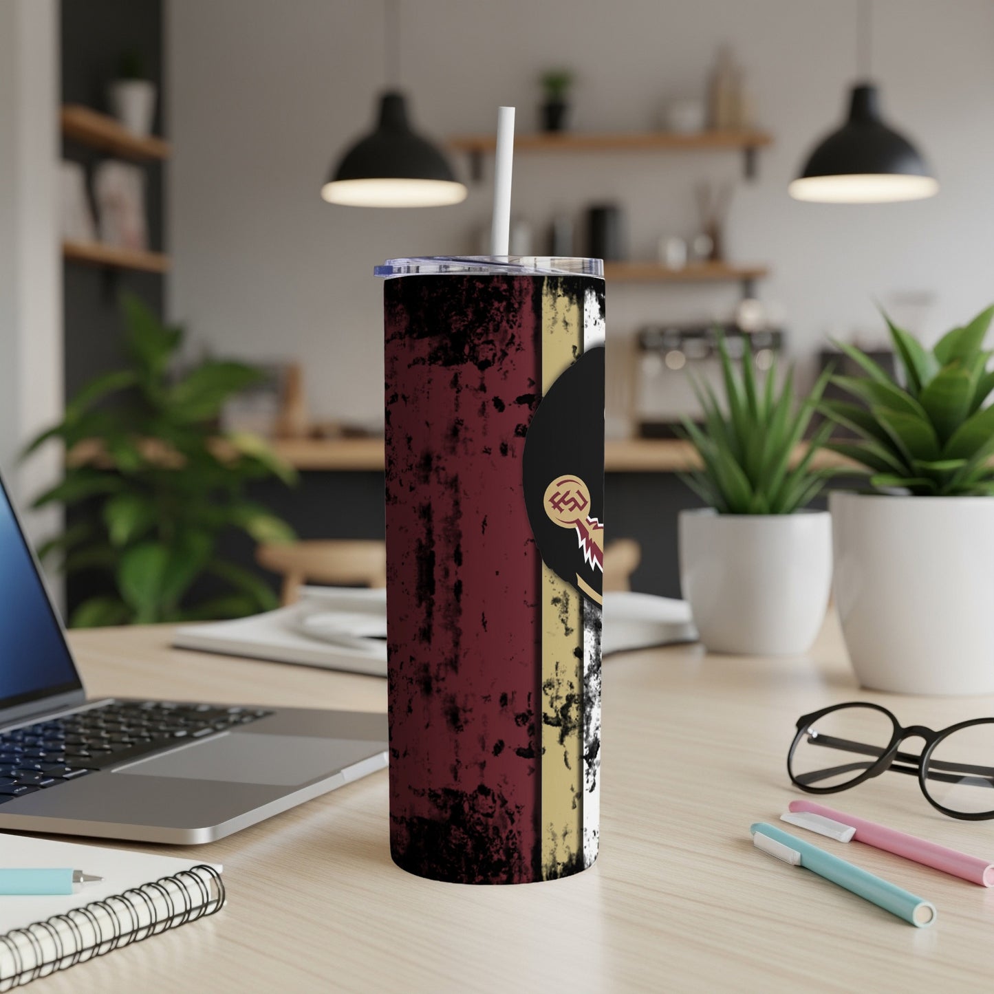 Tumbler with distressed maroon, gold, and distressed white stripes and FSU logo.