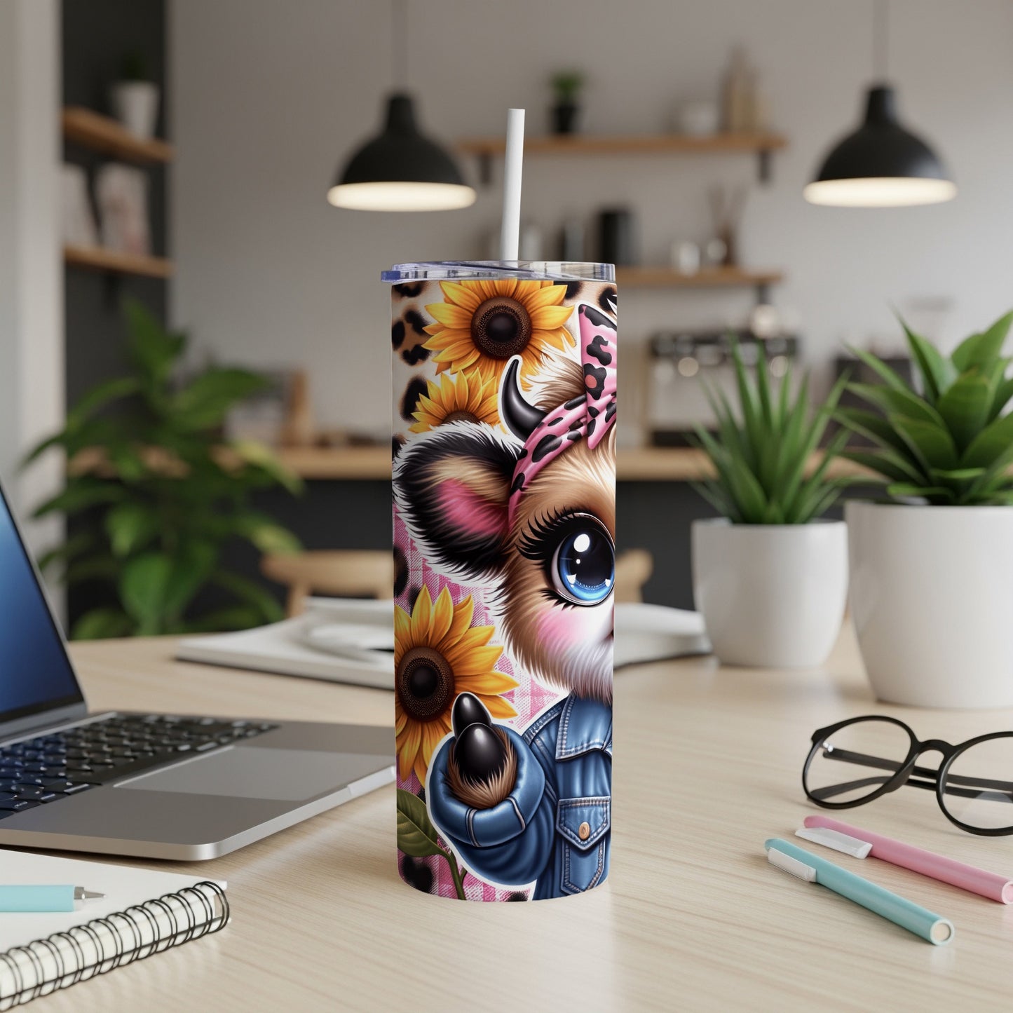 Cow tumbler with sunflowers and a denim jacket, on a desk.