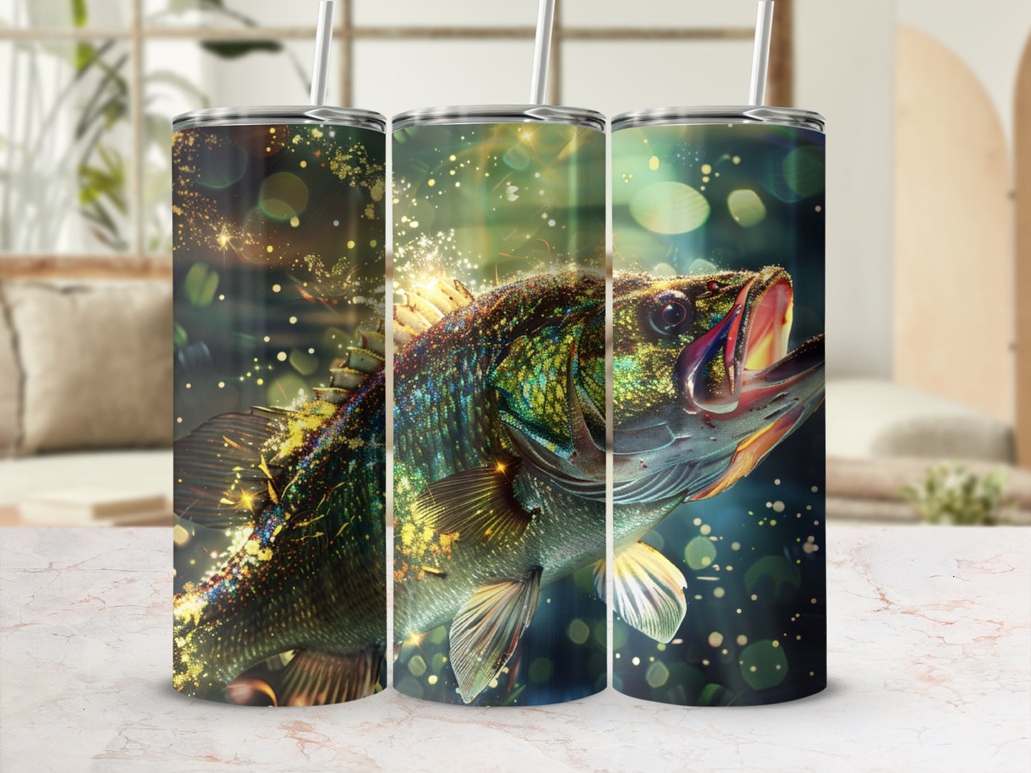 Three tumblers showcasing a colorful, sparkling largemouth bass in water.