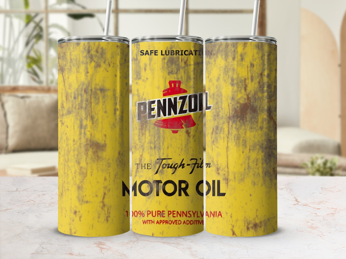 Pennzoil Tough-Film Motor Oil tumbler with yellow distressed texture.