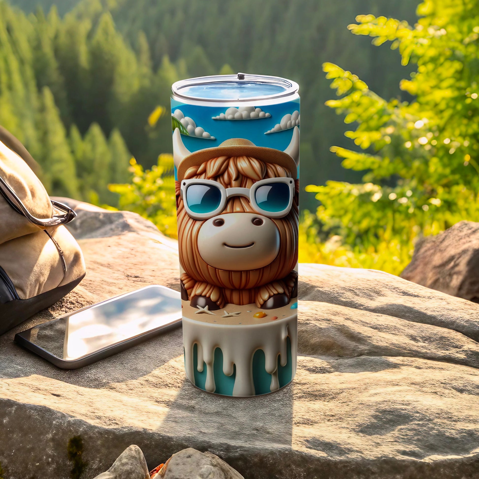 Cow-themed tumbler with sunglasses and a hat on a rock.
