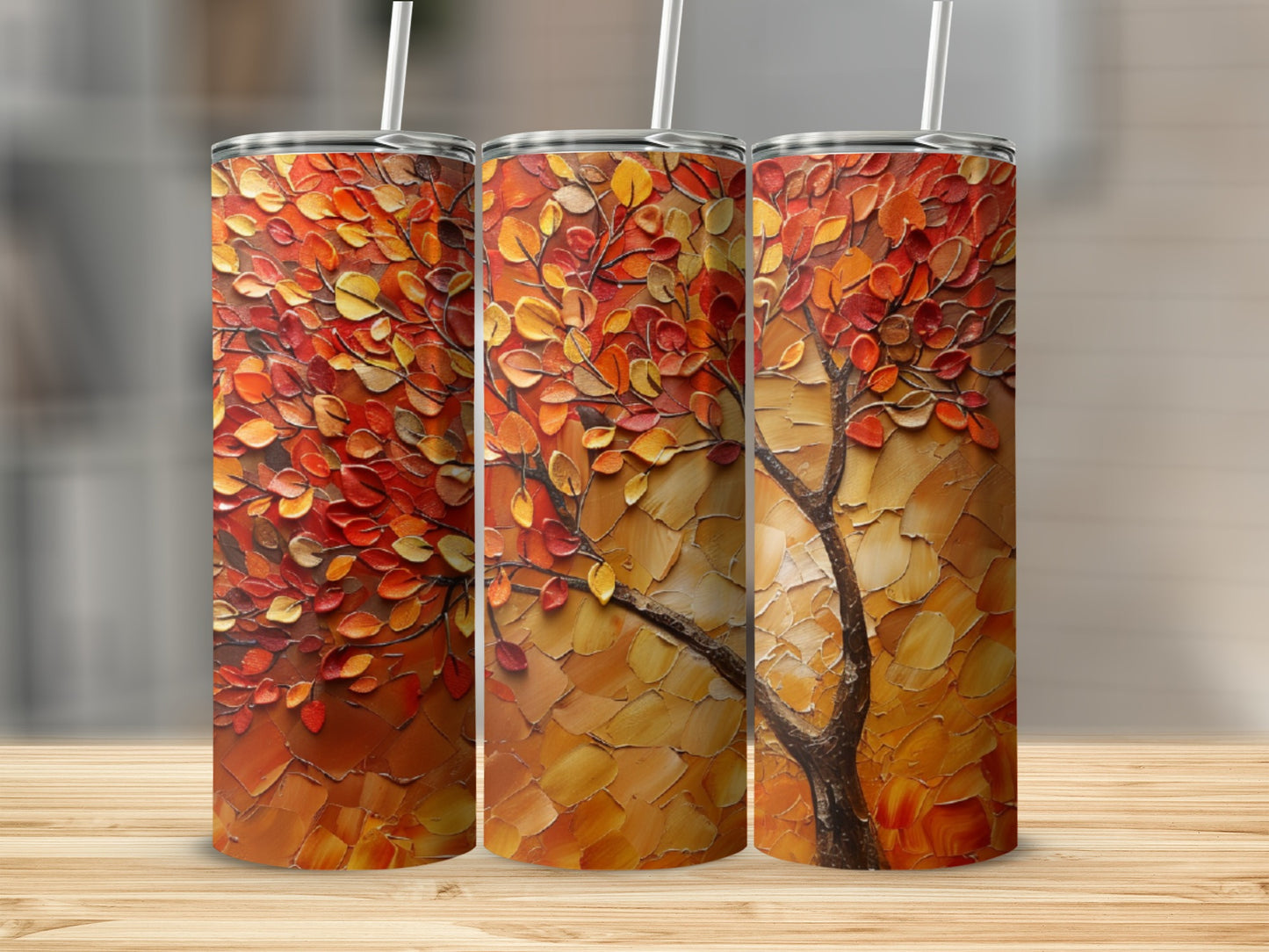 Tall tumbler with textured autumnal tree leaf design.