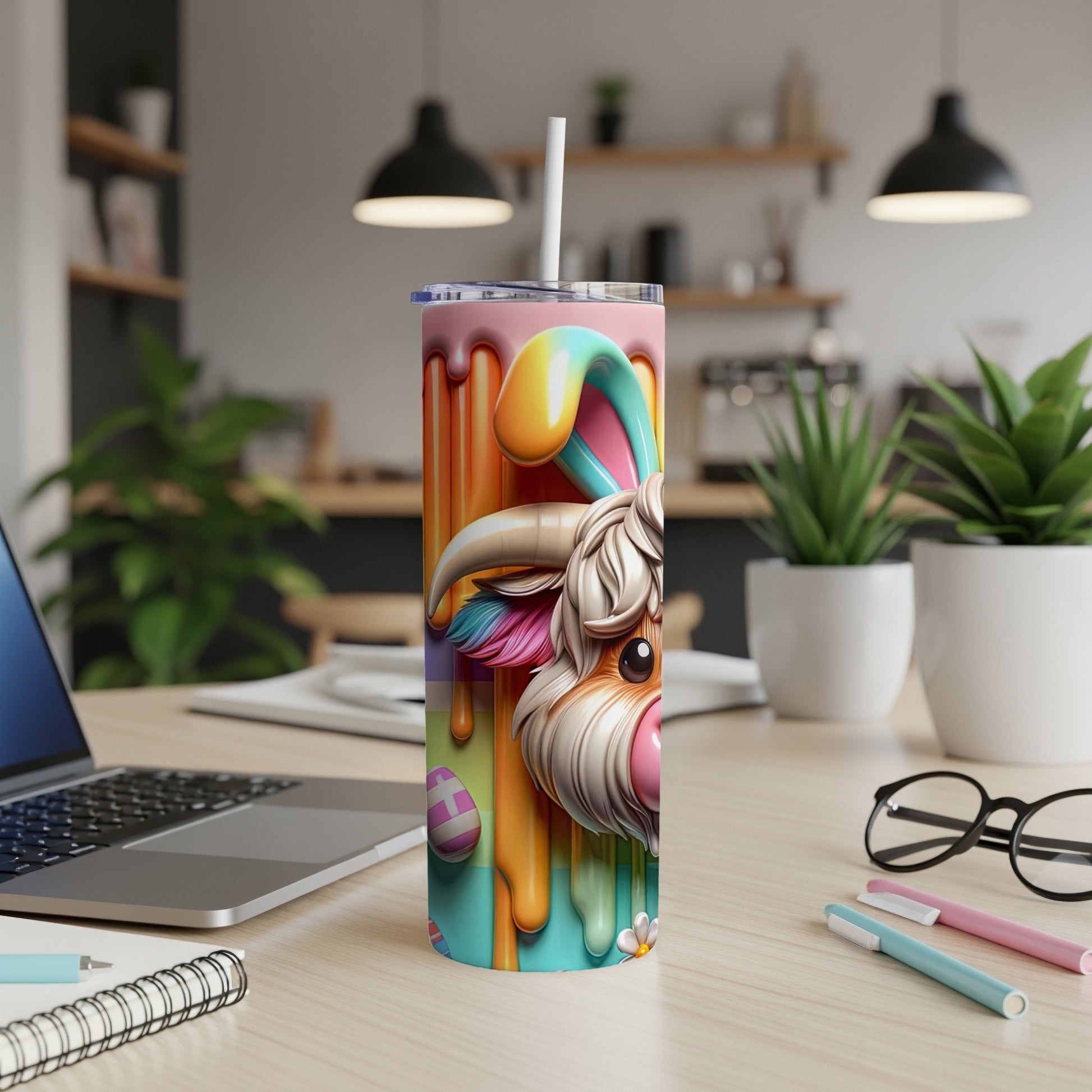 Easter bunny tumbler with colorful drips and pastel eggs.