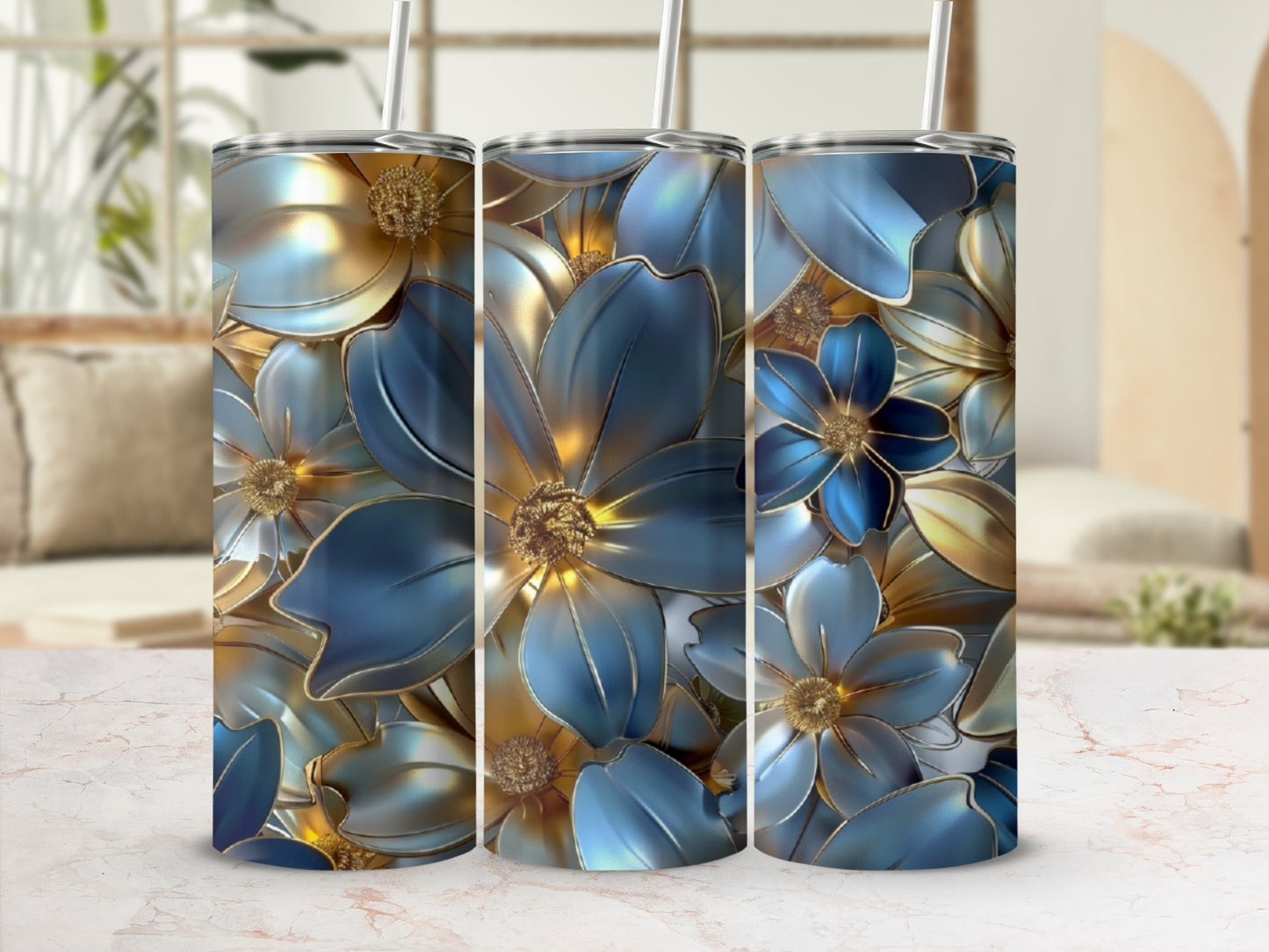 Triptych of tumblers featuring metallic blue and gold floral designs.