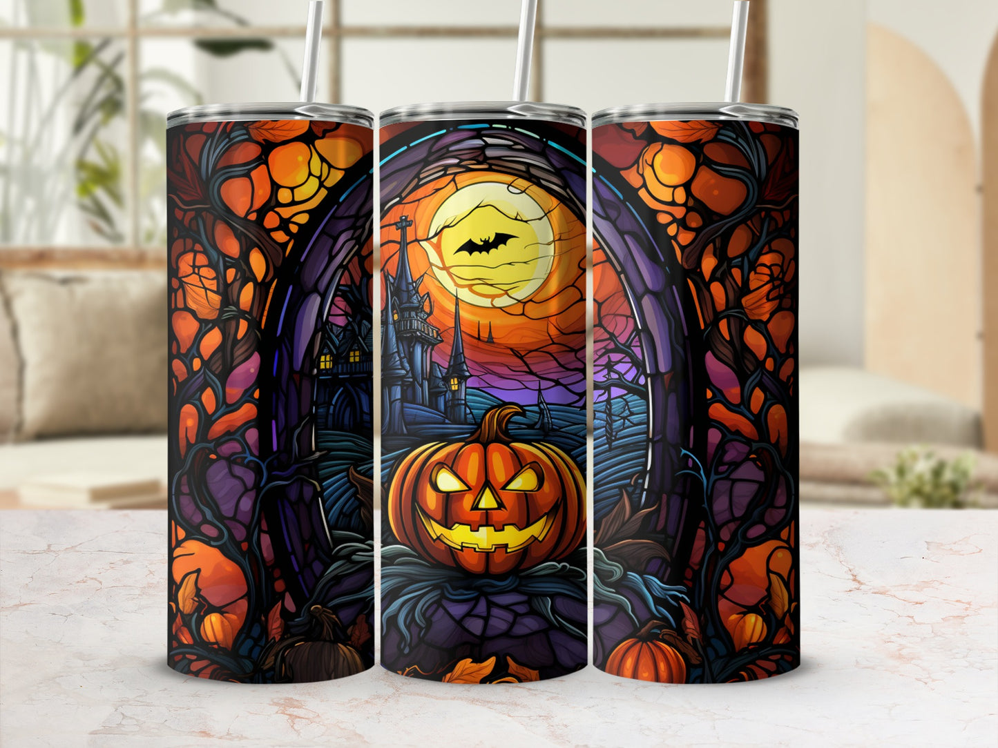 Halloween tumbler with spooky jack-o'-lantern, castle, and moon.
