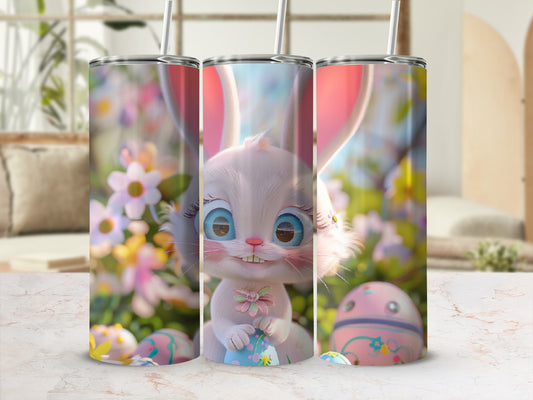 Easter bunny with colorful eggs on a floral background.