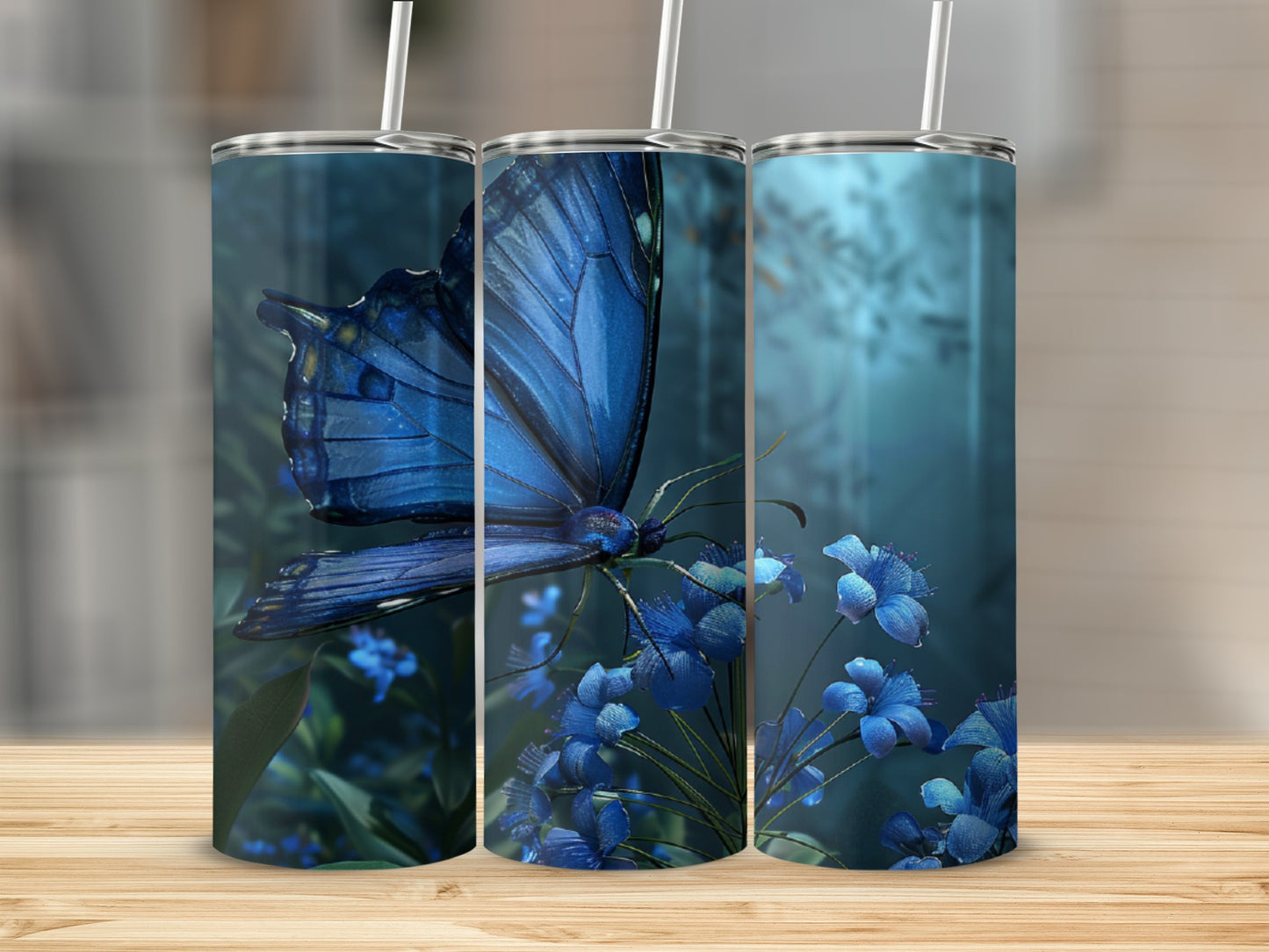 Blue butterfly on blue flowers, full wrap design.