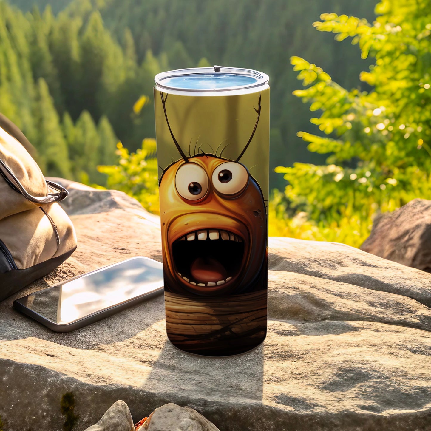Funny Big Eyed Screaming Bug Creature Art Tumbler product type
Tumbler, Funny bug, Cartoon insect, Screaming bug, Bug character, Animated bug, Quirky design, Unique tumbler, Travel mug, Drinkware, Beverage holder, Creature art, Insect design, Gift idea, Outdoor tumbler, Adventure drinkware, Forest background, Nature theme, Cute bug, Expressive character