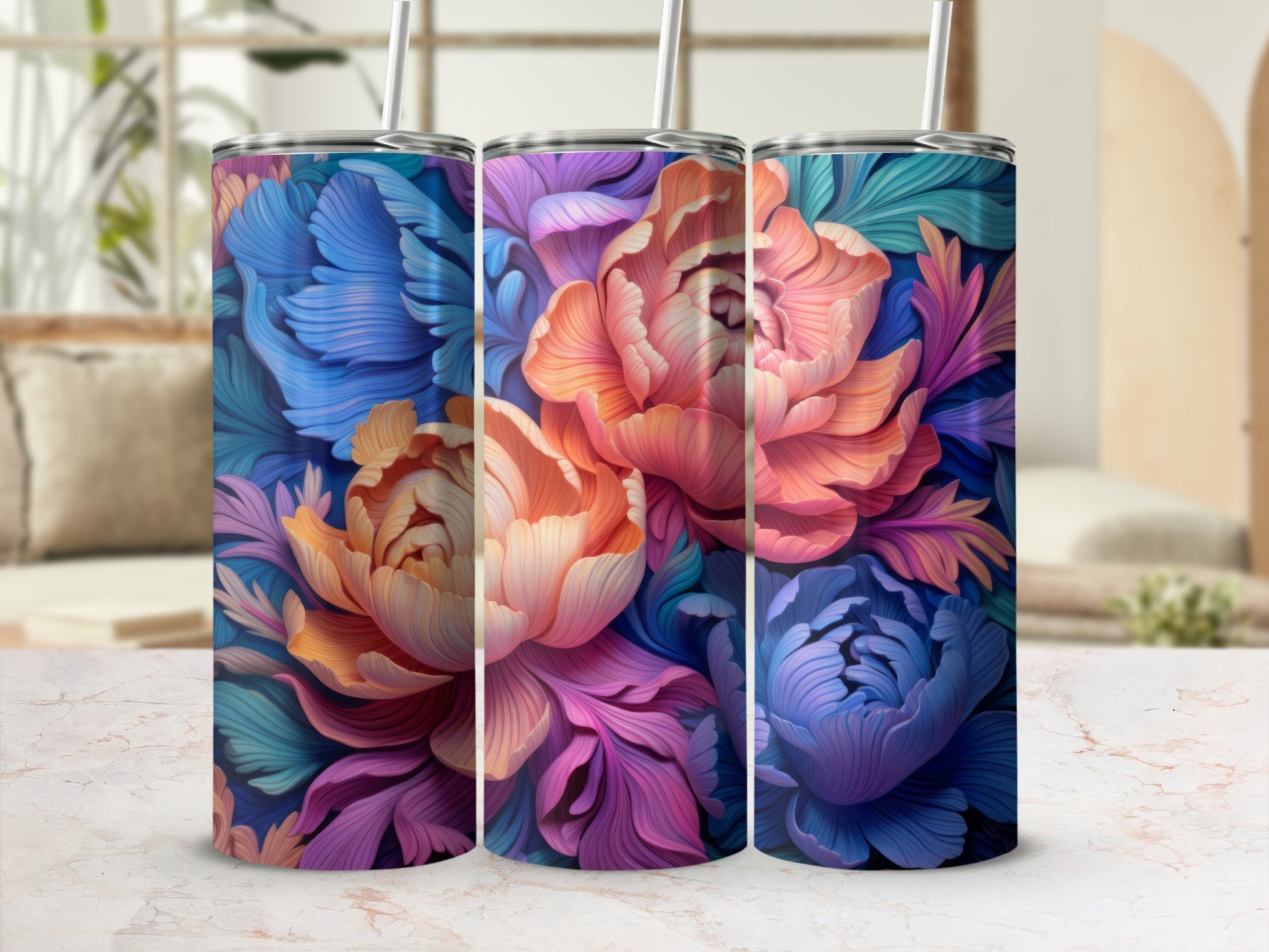 Vibrant Floral Art Design Travel Tumbler Cup