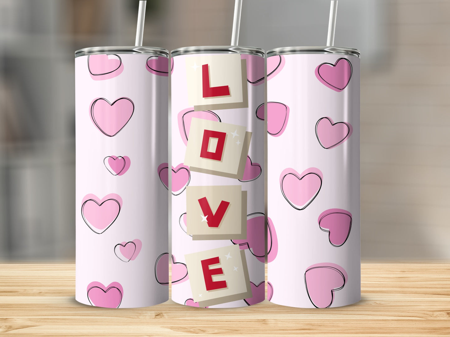 Pink Hearts and LOVE Design Insulated Tumbler Cup