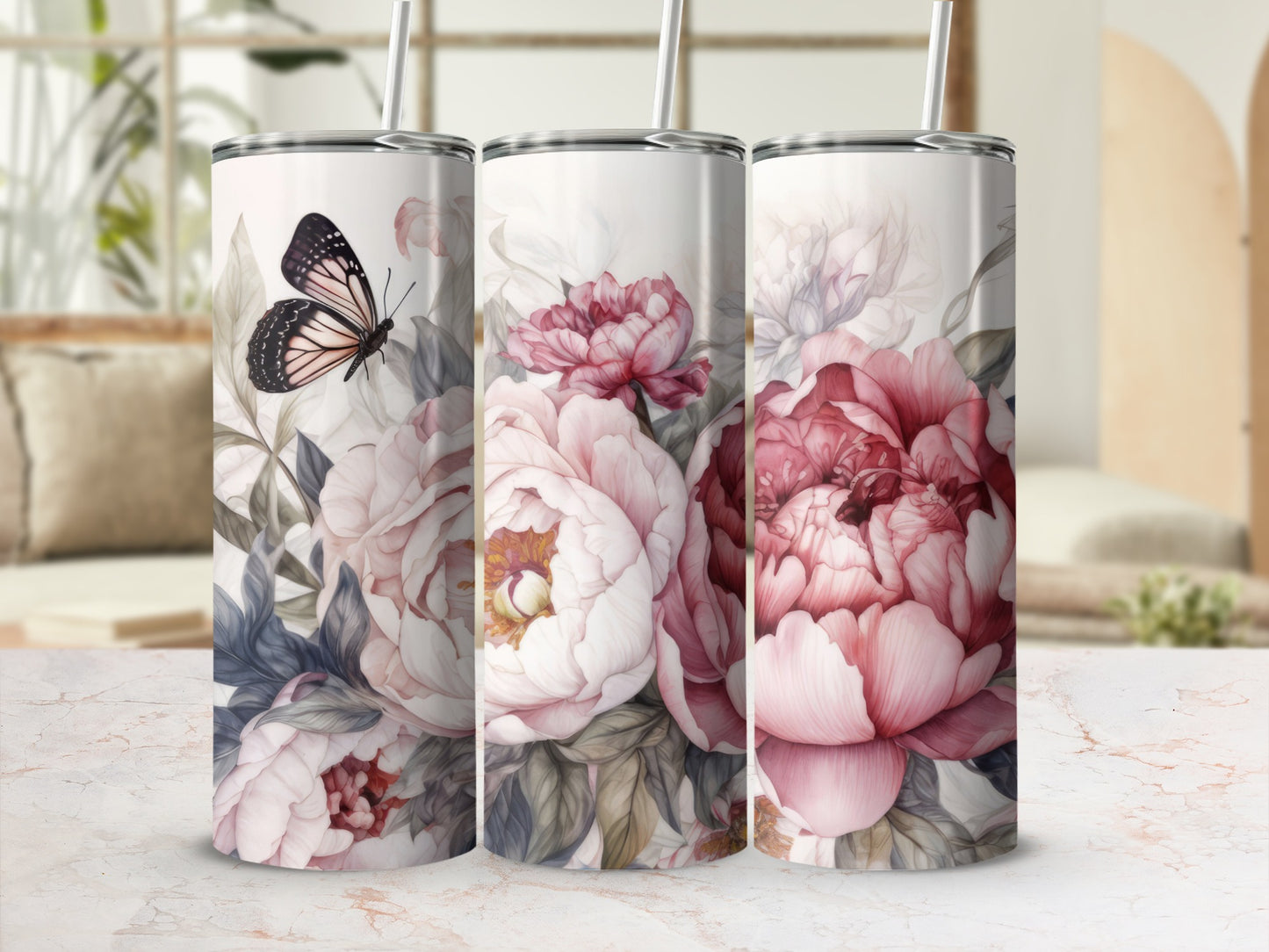 Three tumblers featuring large pink peonies and a butterfly.
