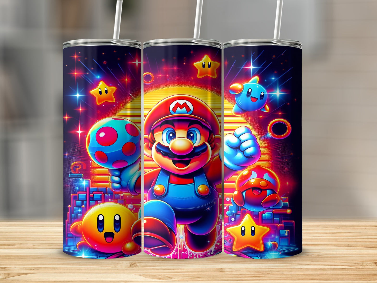 Mario with Kirby and stars on a colorful, starry background with cityscape.
